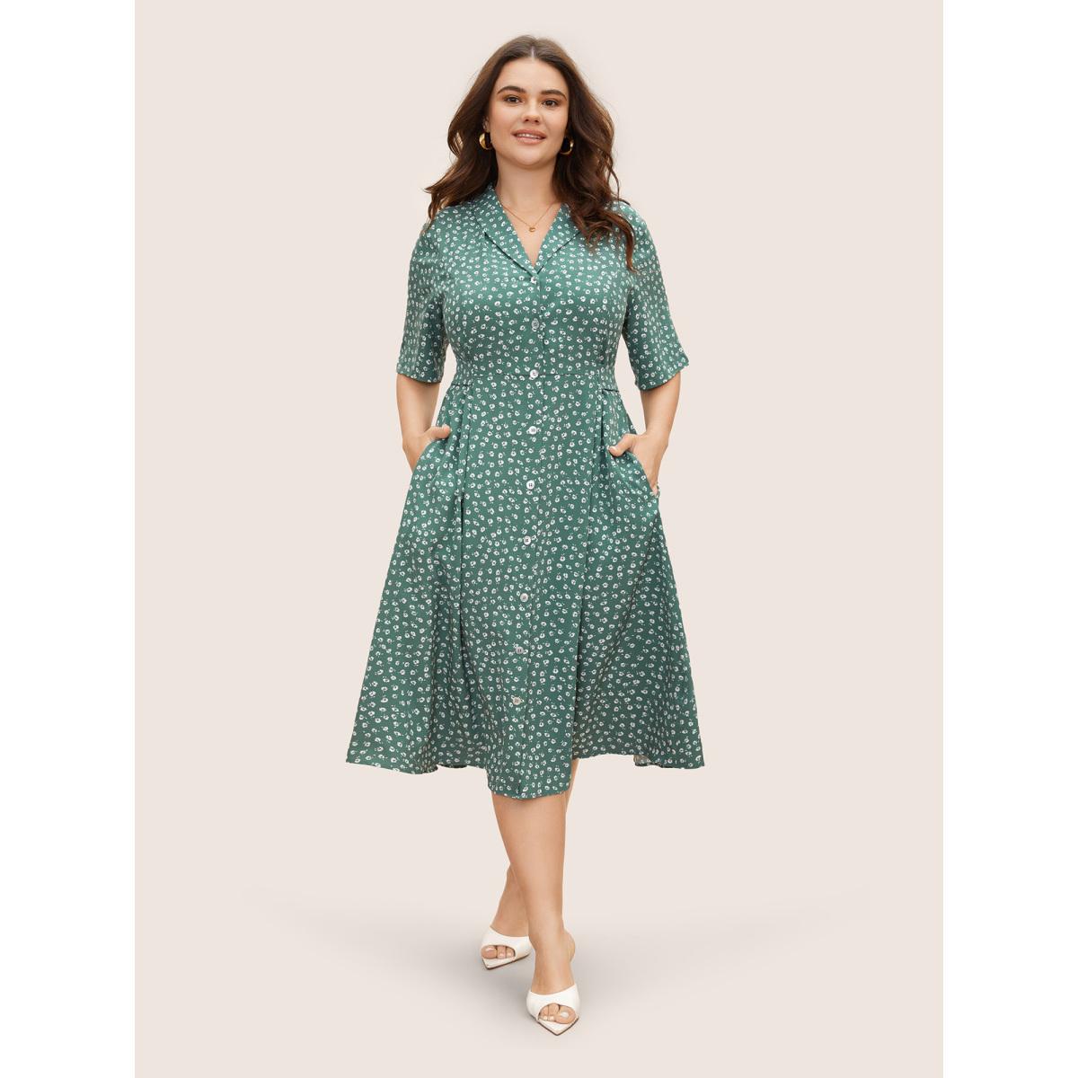 Plus Size Lapel V-Neck Midi Dress Emerald Women Elegant Tie knot Shawl collar Half Sleeve Curvy BloomChic 10/M Product Image