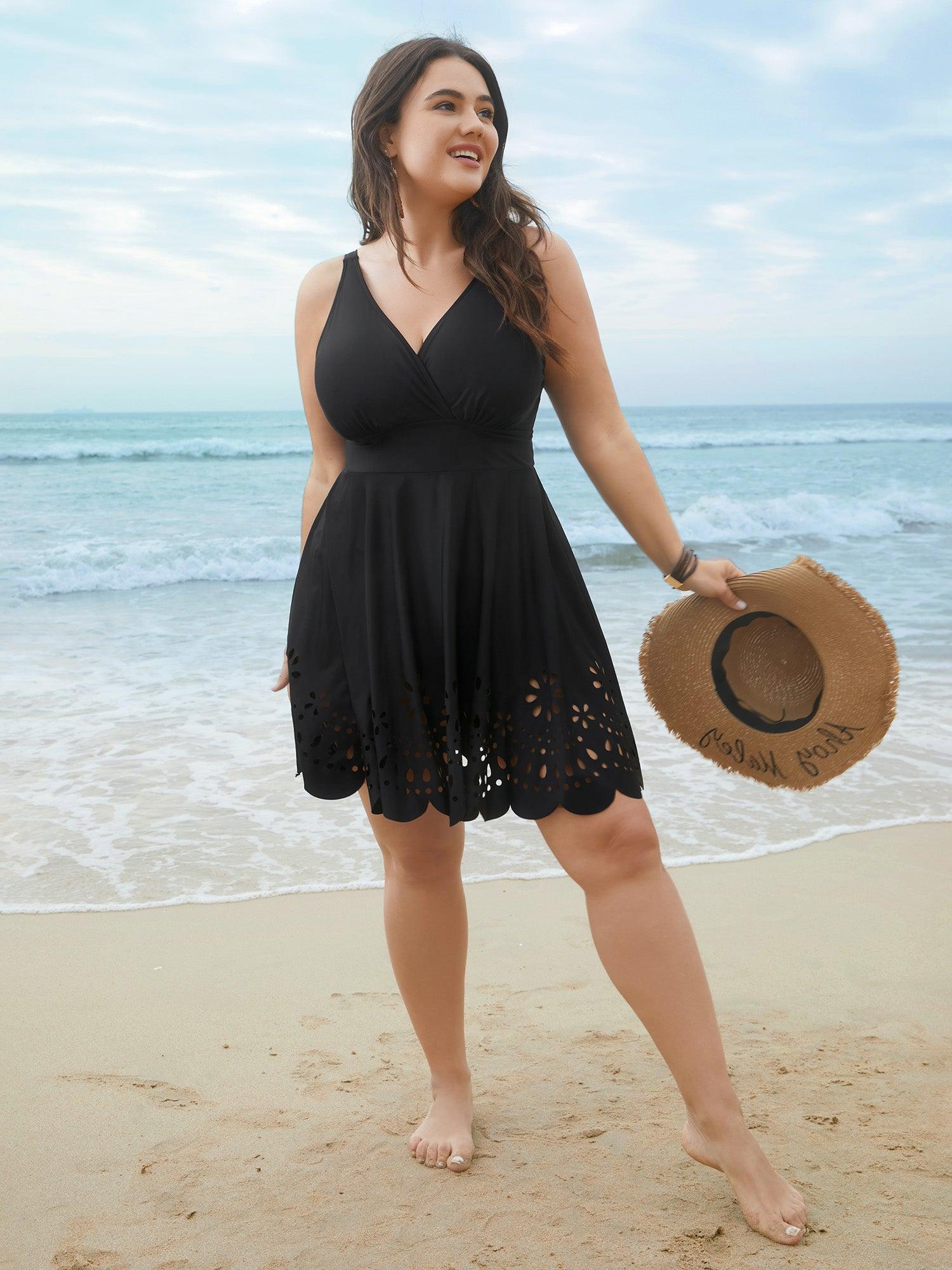 Laser Cut Surplice Neck Waist-Cinched Swim Dress Female Product Image