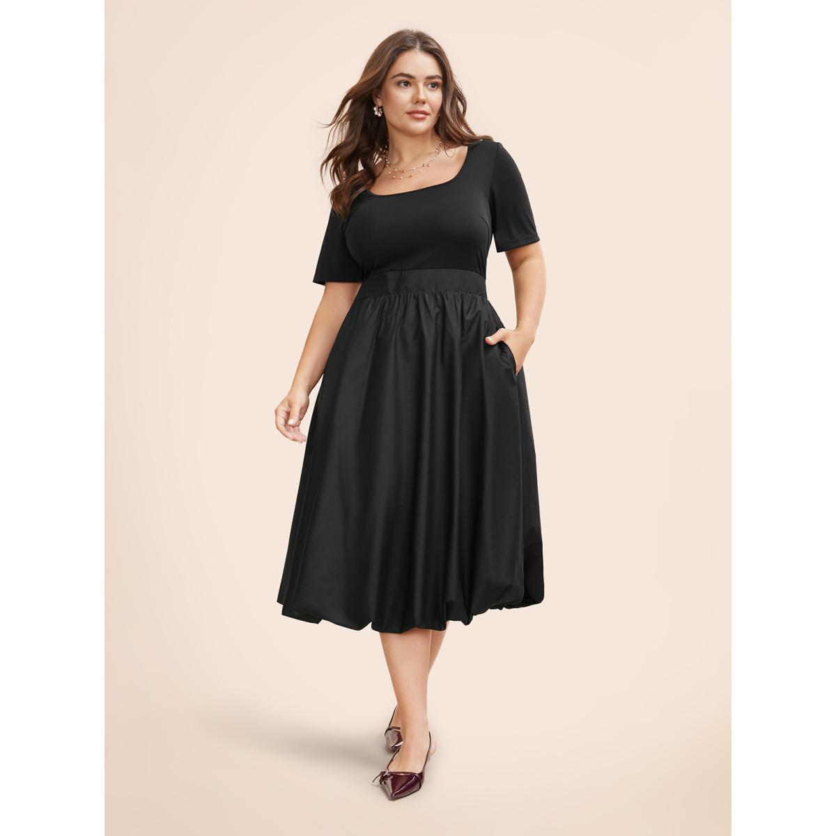 Plus Size Solid Shirred Bubble Hem Midi Dress Black Women Elegant Patchwork Square Neck Short sleeve Curvy BloomChic 22-24/3X Product Image