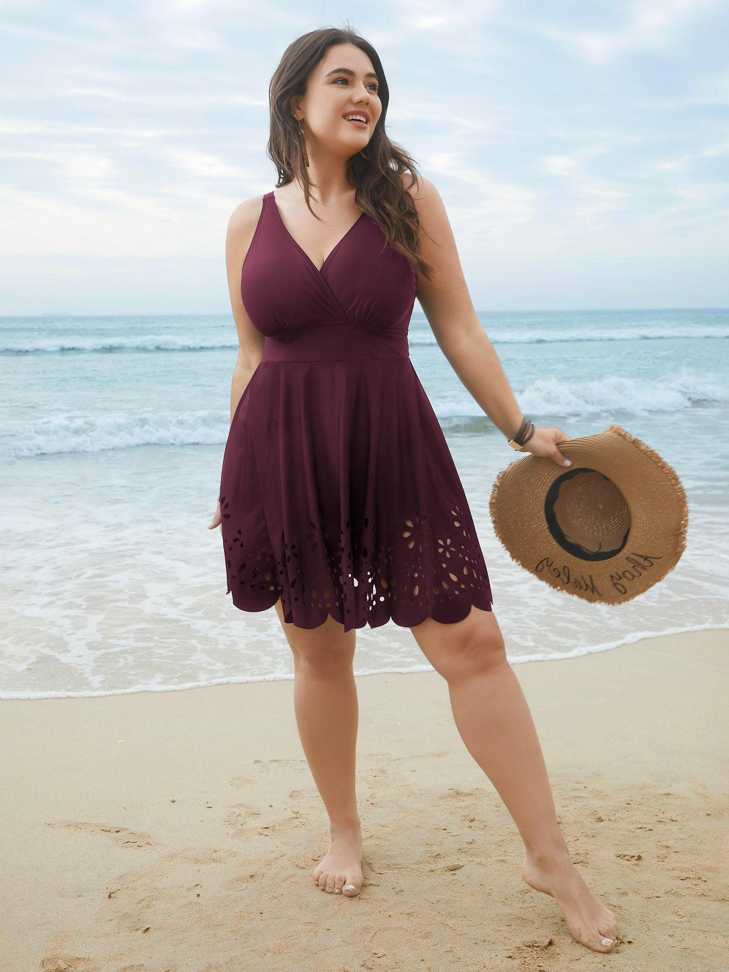 Laser Cut Surplice Neck Waist-Cinched Swim Dress Female Product Image