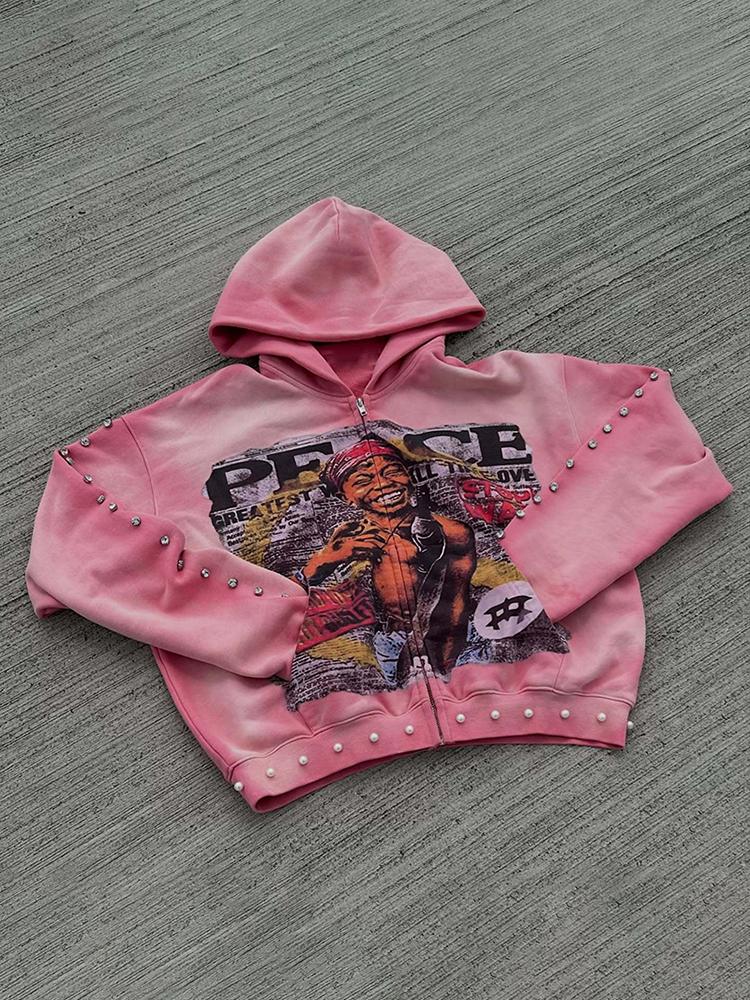 Three-Dimensional Rhinestones Zipper Loose Hoodie Sweatshirt Product Image