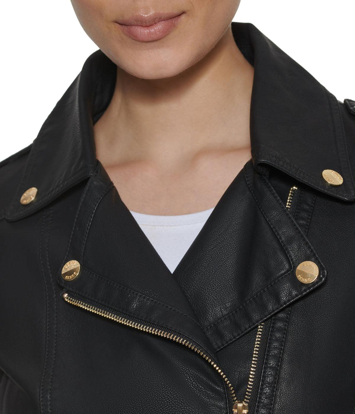 Faux Leather Asymmetrical Moto Jacket Black Product Image