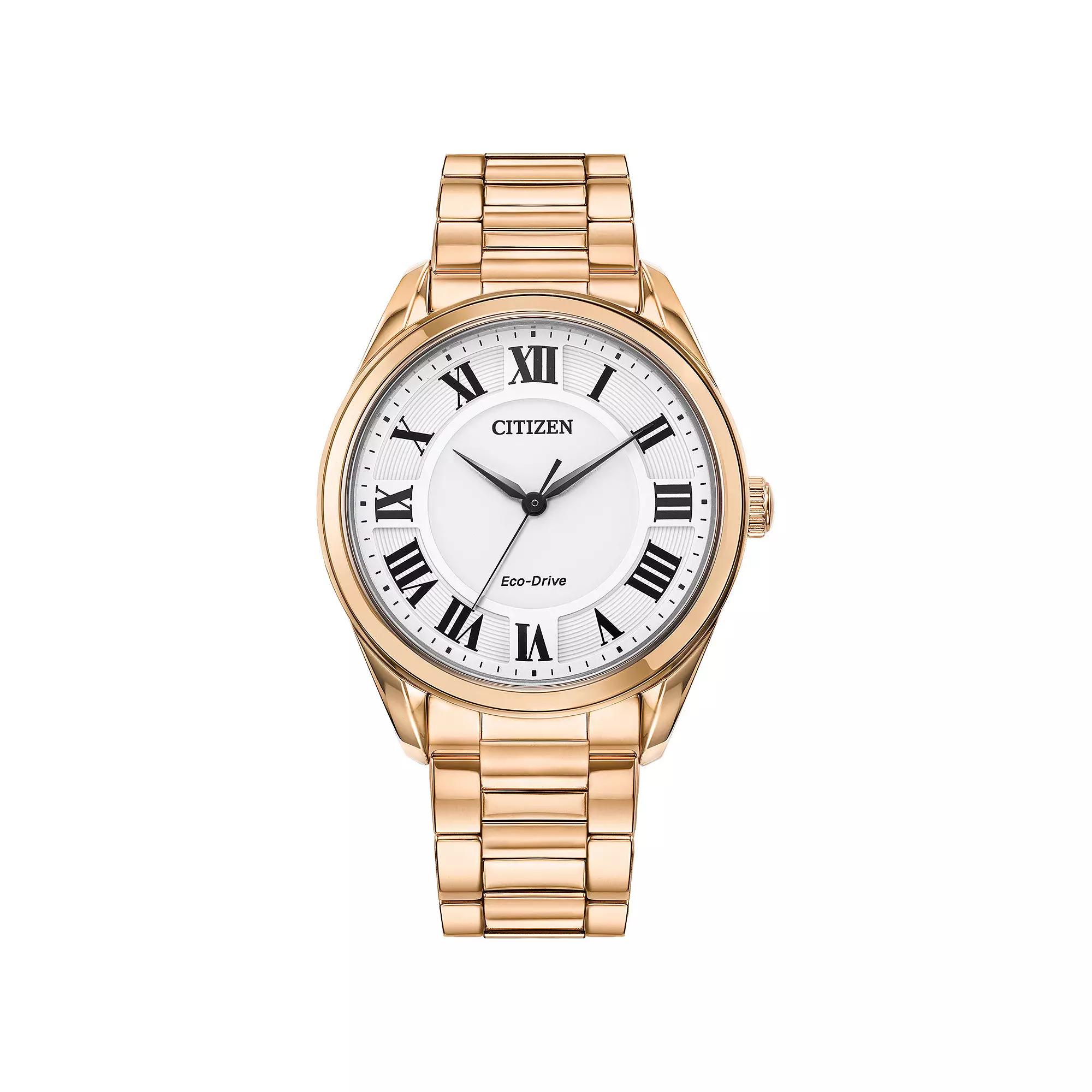 Citizen Eco-Drive Womens Arezzo Rose Gold Tone Stainless Roman Accent Dial Bracelet Watch - EM0973-55A Rosegold Product Image