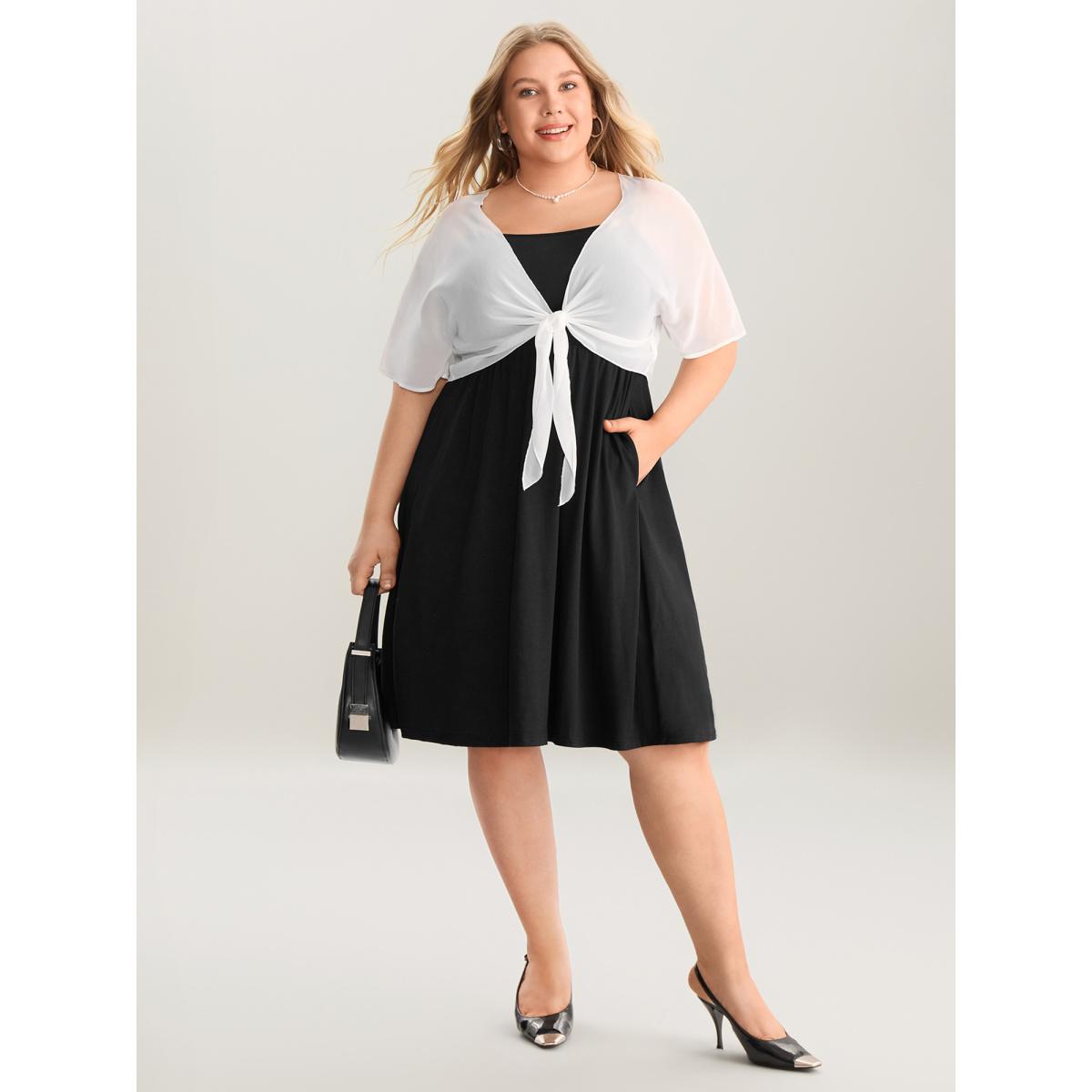 Plus Size Two-Piece Knotted Pockets Midi Dress Black Women Square Neck Short sleeve Curvy BloomChic 18-20/2X Product Image