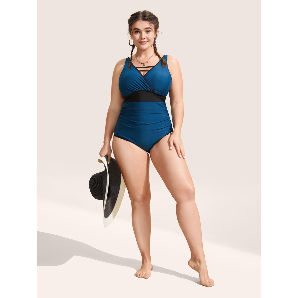 Plus Size Contrast Trim Keyhole Gathered One Piece Swimsuit Women's Swimwear Indigo Beach Gathered Curve Bathing Suits High stretch One Pieces BloomChic 14-16/1X Product Image