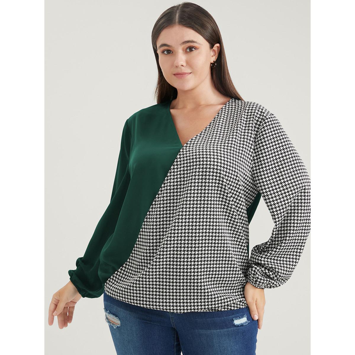 Plus Size DarkGreen Houndstooth Patchwork Lantern Sleeve Blouse Women Office Long Sleeve V-neck Work Blouses BloomChic 30/6X Product Image