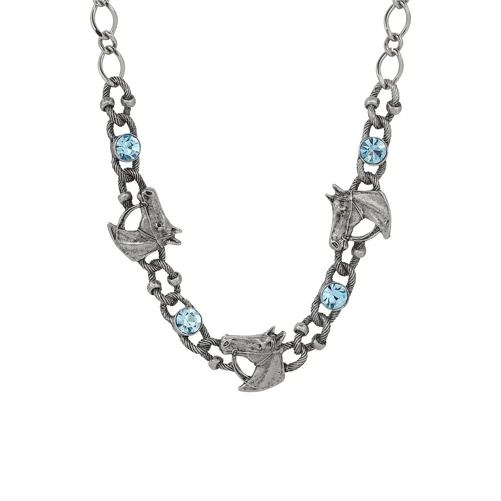 1928 Silver Tone Blue Crystal Horse Station Necklace, Womens Product Image