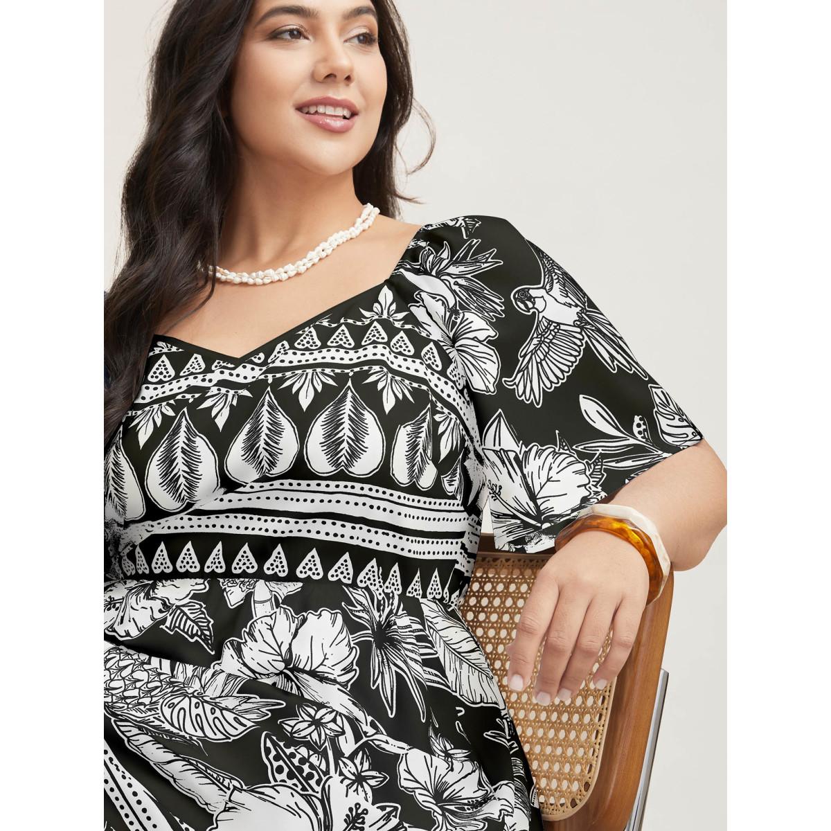 Plus Size Boho Print Fit Flare Pockets Midi Dress Black Women Resort Non Heart neckline Short sleeve Curvy BloomChic 22-24/3X Product Image
