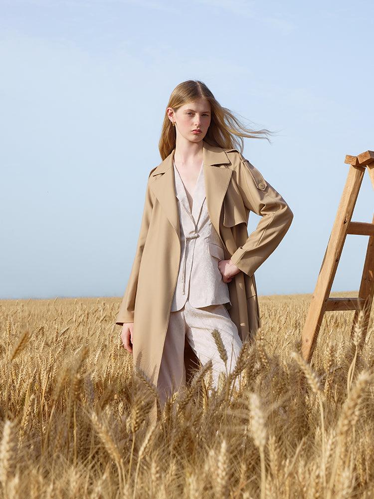 Worsted Wool Lapel Women Trench Coat With Belt Product Image