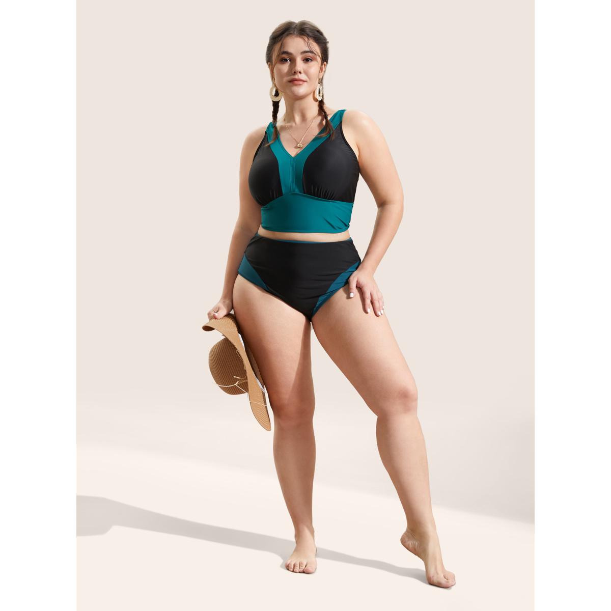 Plus Size Two Tone Gathered Adjustable Straps Swim Top Women's Swimwear Cyan Beach Contrast High stretch Skinny V-neck Curve Swim Tops BloomChic 30/6X Product Image