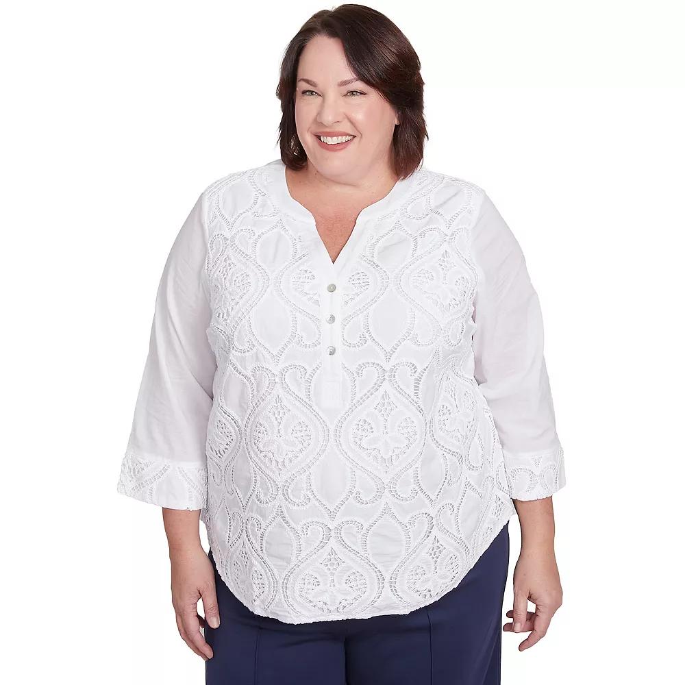 Plus Size Alfred Dunner Lace Scroll Henley Top, Women's, Size: 3XL, White Product Image