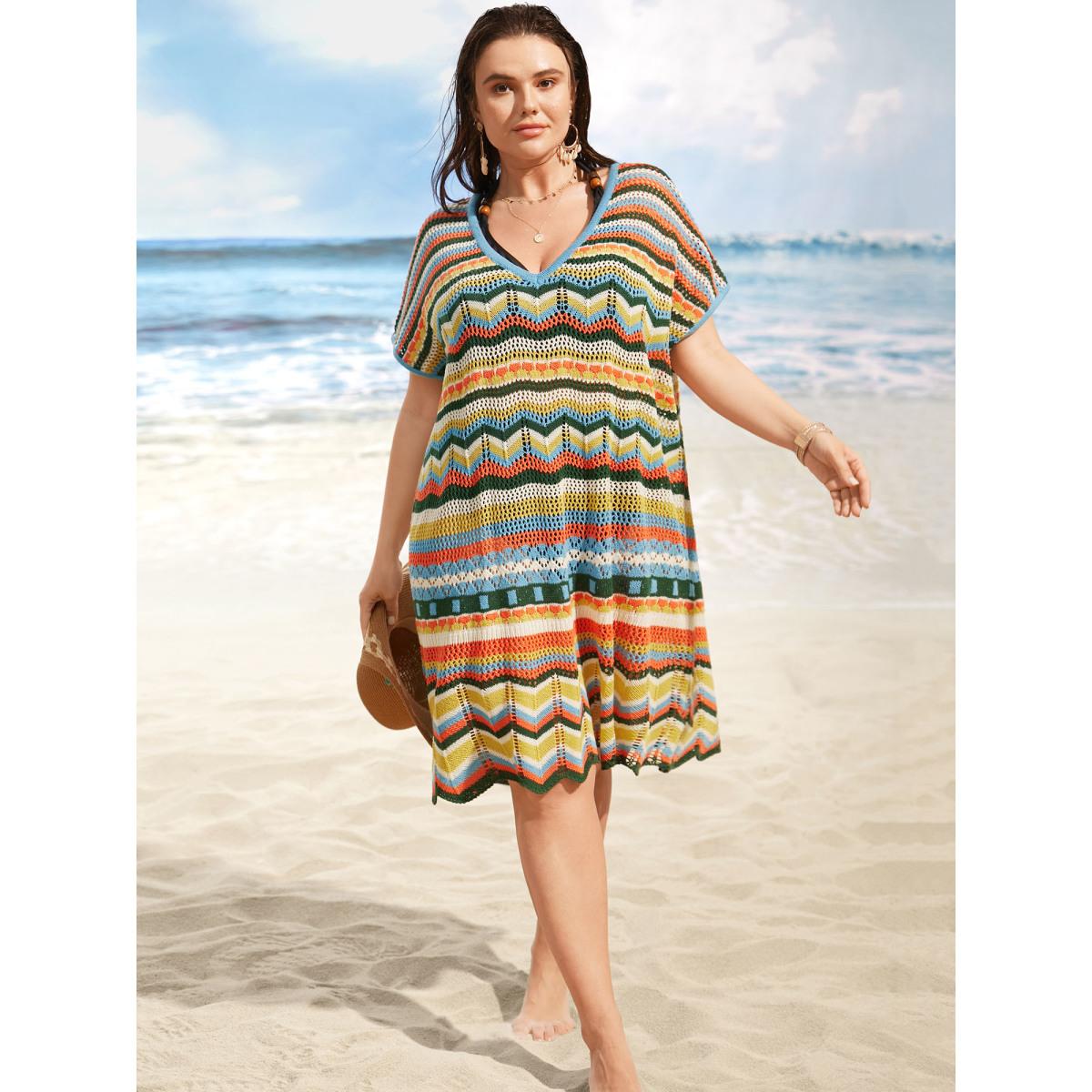 Plus Size V Neck Contrast Striped Batwing Sleeve Swim Cover Up Women's Swimwear Multicolor Beach Loose Texture Curve Swim Cover Ups BloomChic 22-24/3X Product Image