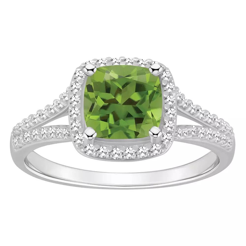 Celebration Gems Sterling Silver 7 mm Cushion Gemstone & 1/4 Carat T.W. Diamond Split Shank Ring, Women's, Size: 6, Peridot Product Image