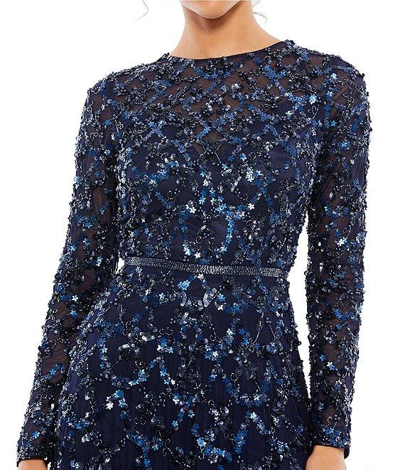 Mac Duggal Round Neck Embellished Mesh Illusion Long Sleeve A-line Gown Product Image