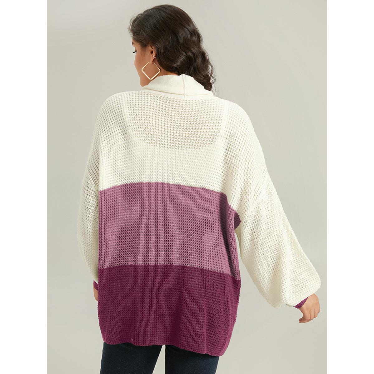 Plus Size Colorblock Lapel Collar Lantern Sleeve Contrast Cardigan RedViolet Women Casual Loose Long Sleeve Dailywear Cardigans BloomChic 14-16/1X Product Image