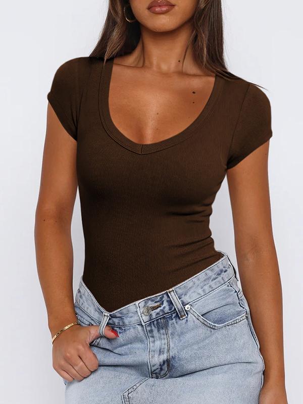 Short Sleeves Skinny Solid Color Split-Joint U-Neck T-Shirts Tops Product Image
