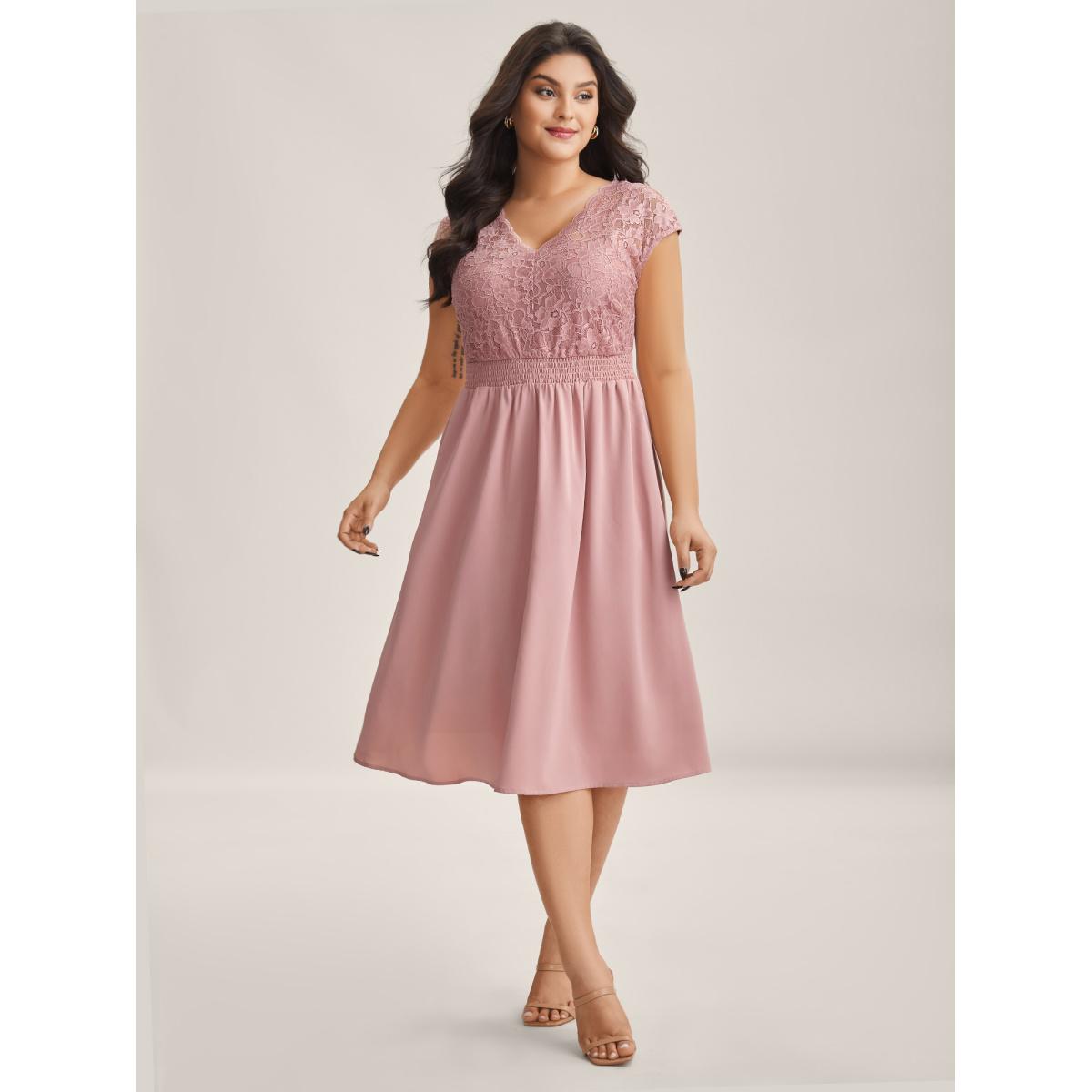 Plus Size Lace Sheer Stretchy Waist Solid Midi Dress Watermelon Women V-neck Short sleeve Curvy BloomChic 14-16/1X Product Image