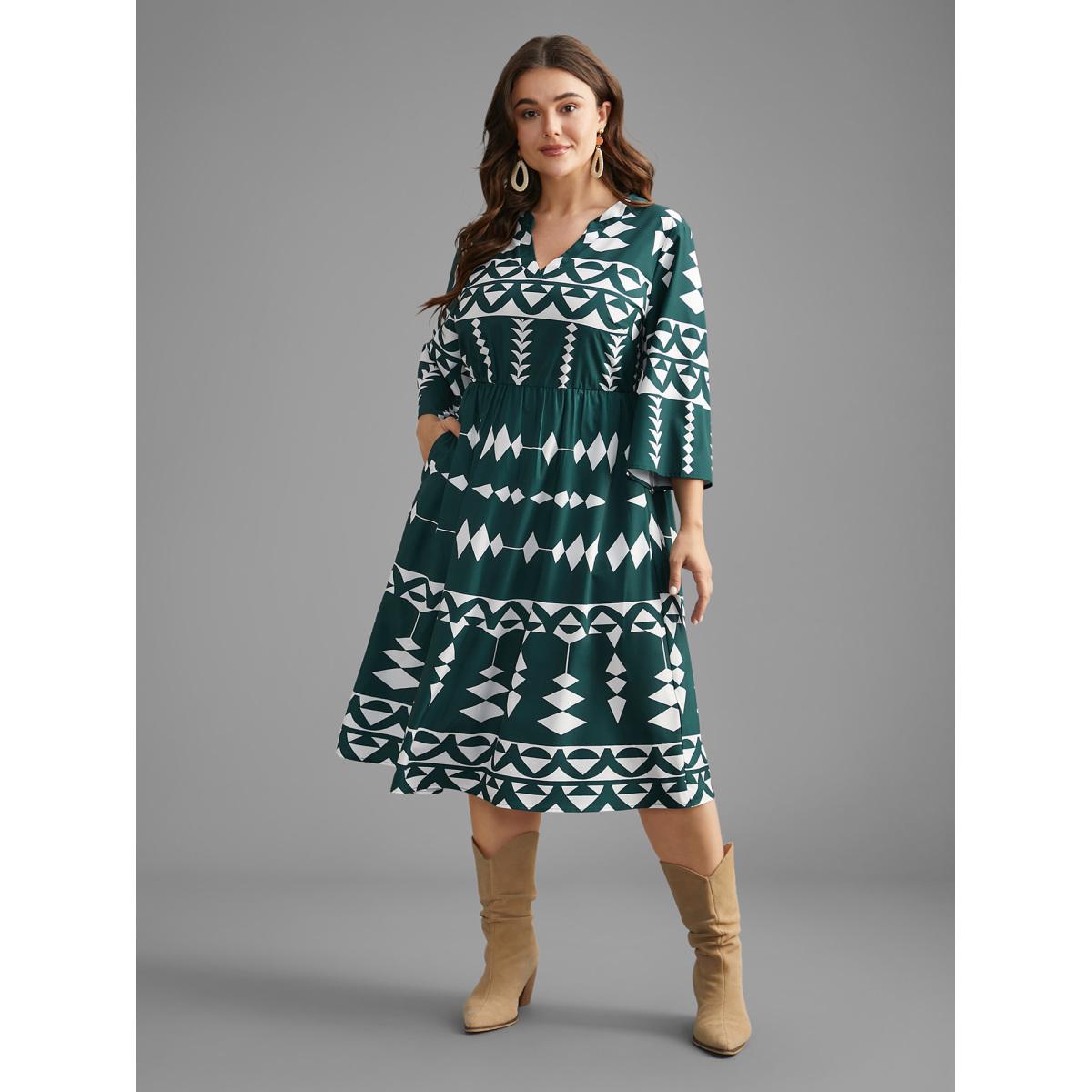 Plus Size Geometric Pattern Elastic Waist Midi Dress Cyan Women Resort Non Flat collar with V-notch Elbow-length sleeve Curvy BloomChic 22-24/3X Product Image