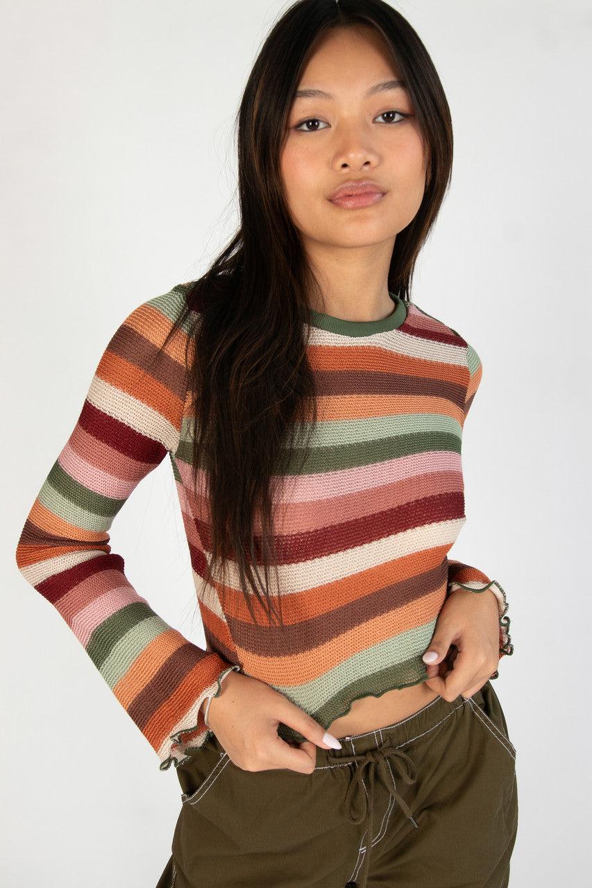 Cactus Flower Bell Sleeve Crochet Stripe Sweater Product Image