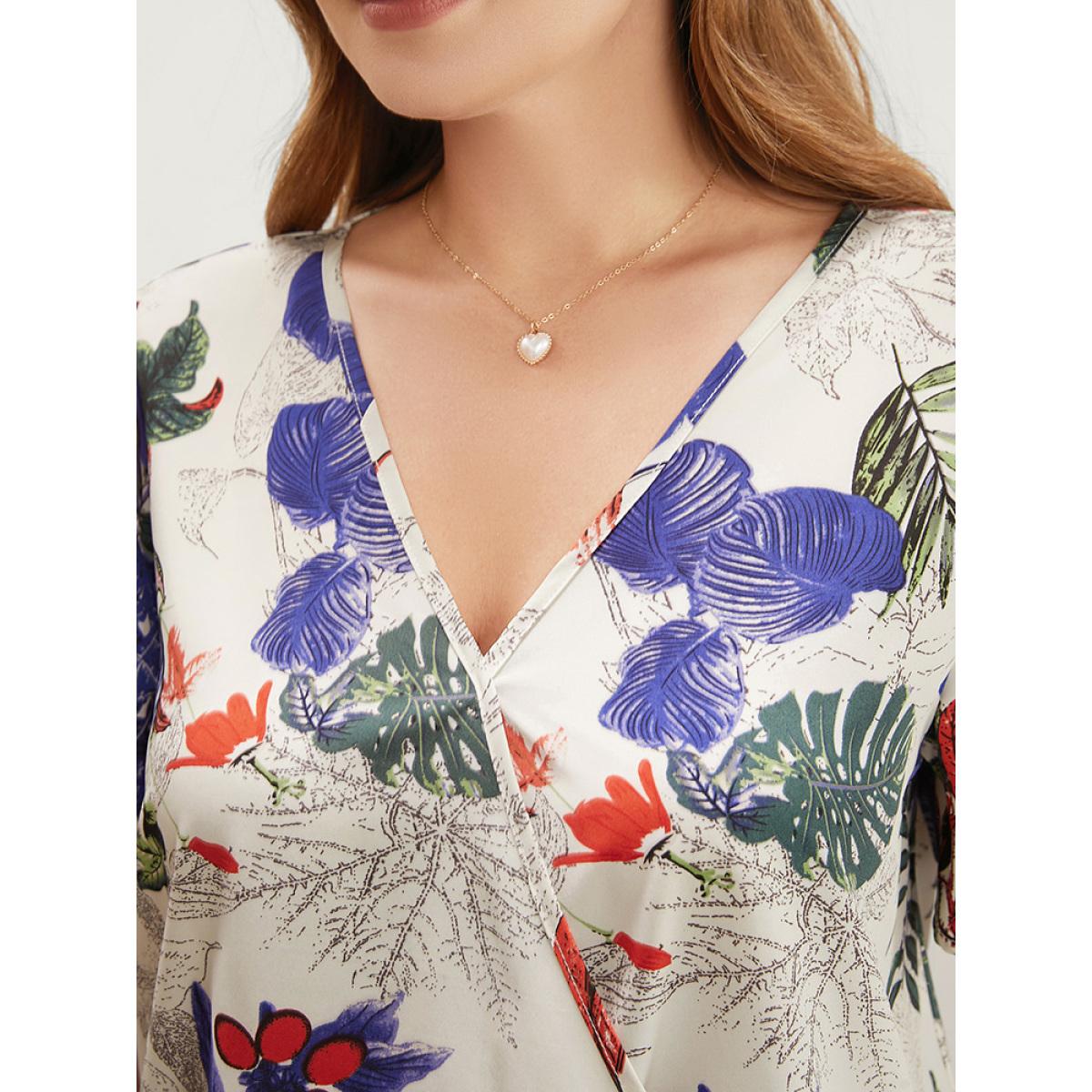 Plus Size Beige Plant & Floral Ruffle Sleeve Surplice Neck Blouse Women Vacation Short sleeve V-neck Dailywear Blouses BloomChic 14-16/1X Product Image