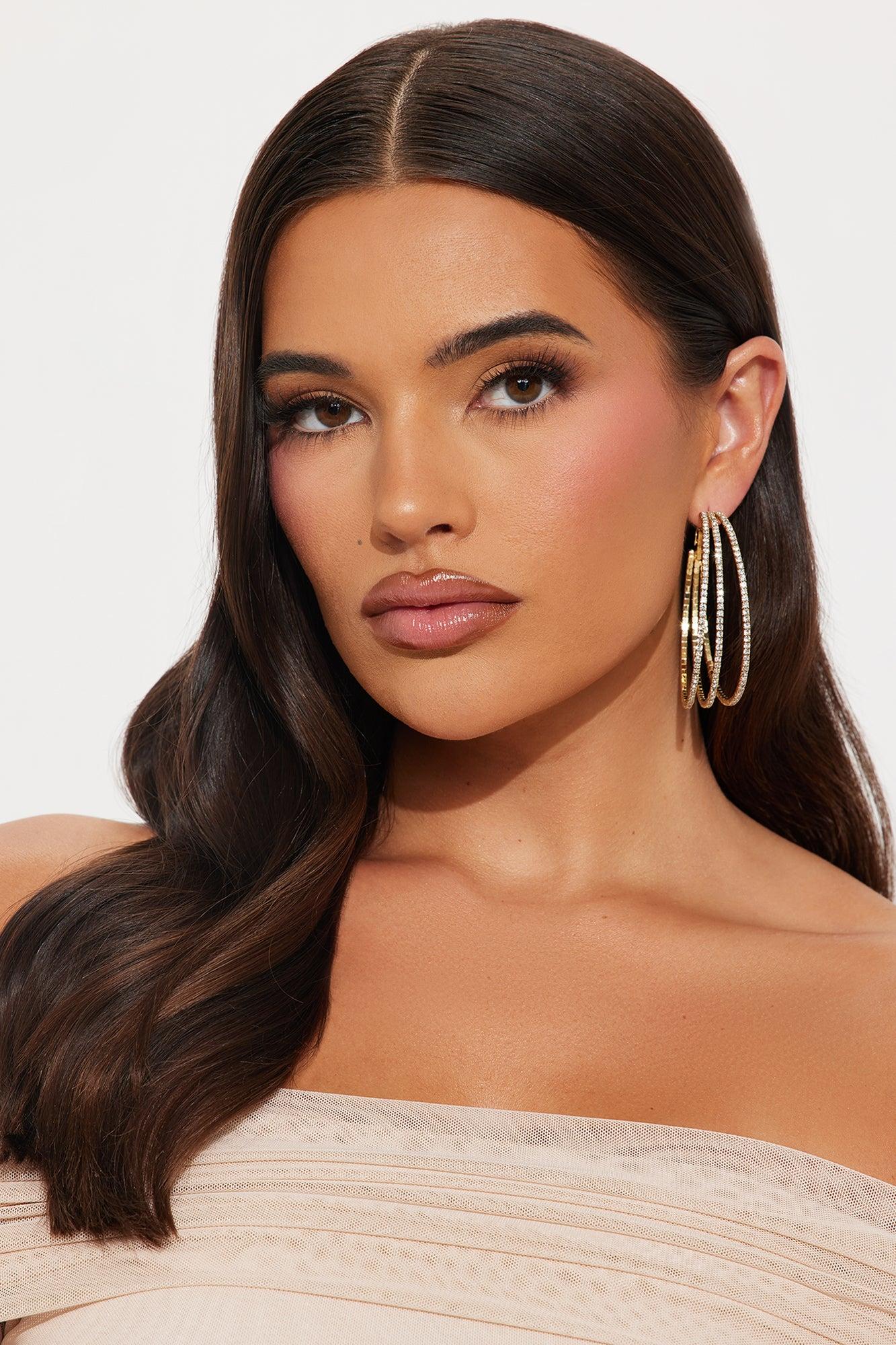 MY 3 Rhinestone Hoop Earrings - Gold Female Product Image