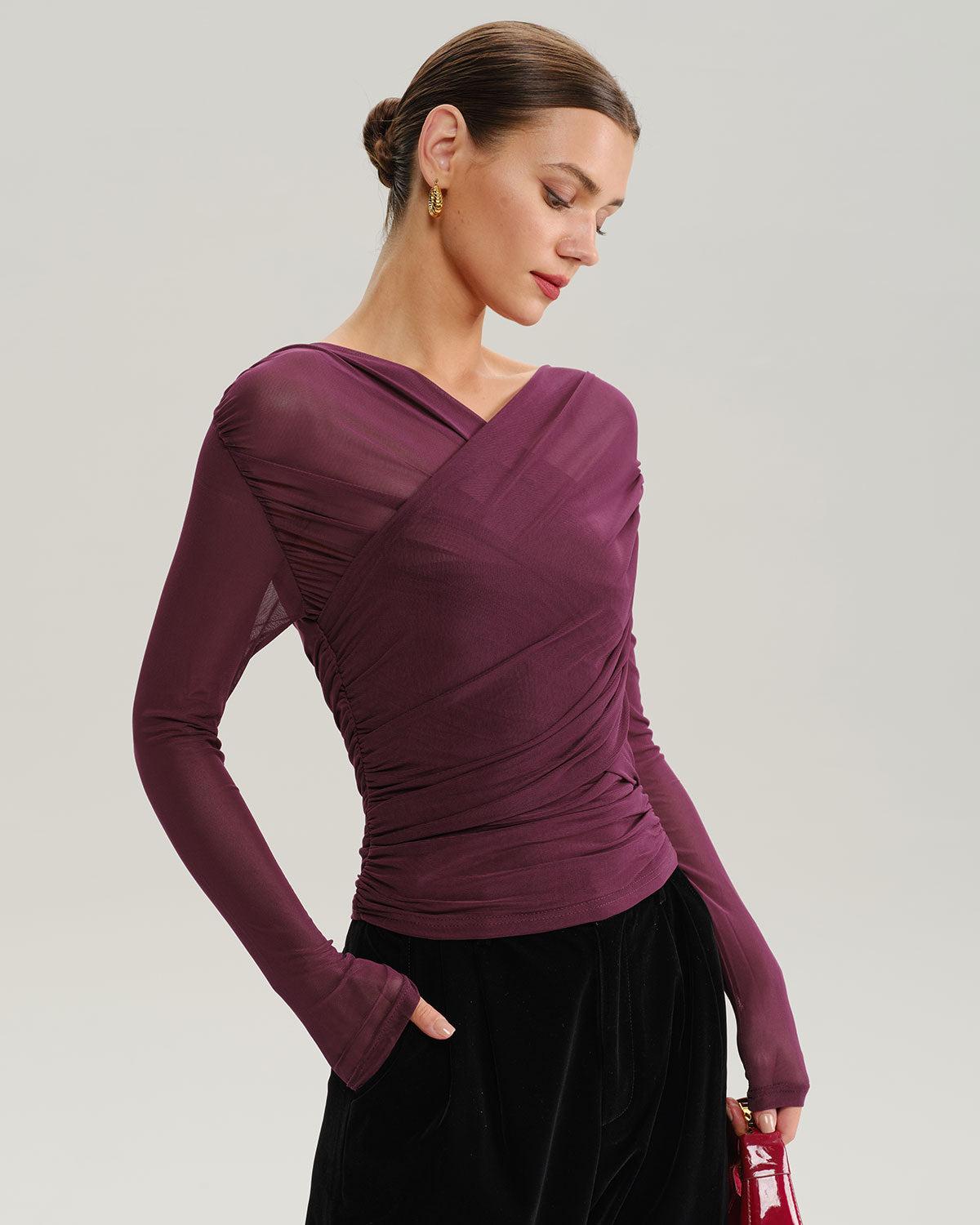 Wine Red V Neck Slim Mesh Tee Product Image