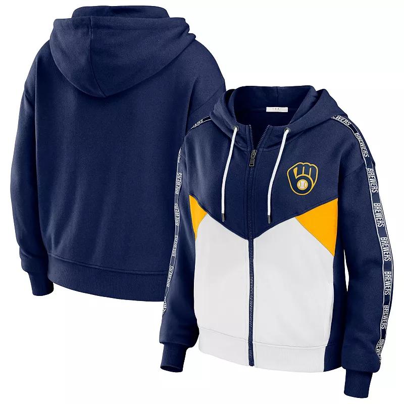Women's WEAR by Erin Andrews Navy/White Milwaukee Brewers Color Block Full-Zip Hoodie, Size: Small, Blue Product Image