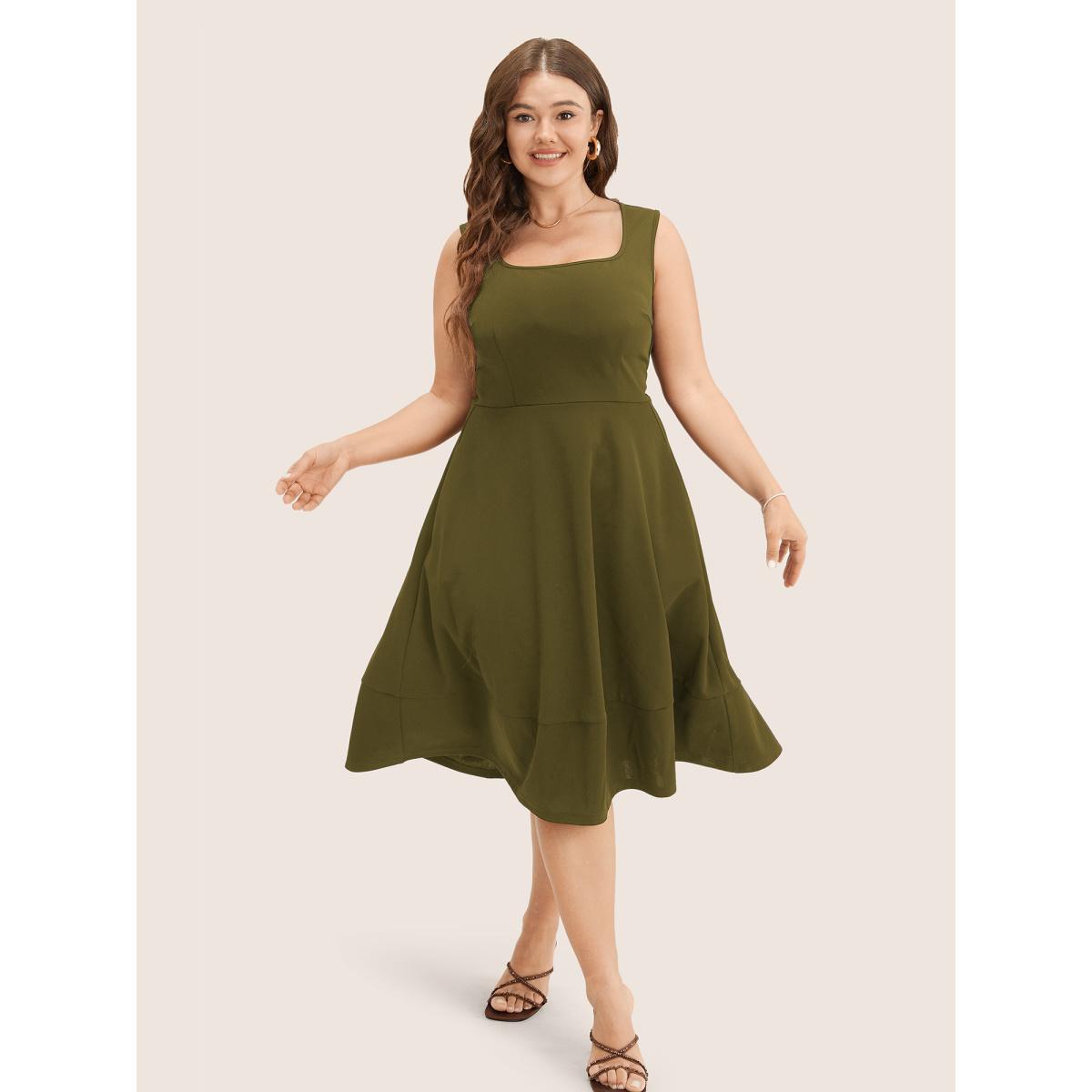 Plus Size Solid Pocket Sleeveless Ruffle Hem Tank Dress ArmyGreen Women Workwear Essentials Non Round Neck Sleeveless Curvy Midi Dress BloomChic 14-16/1X Product Image