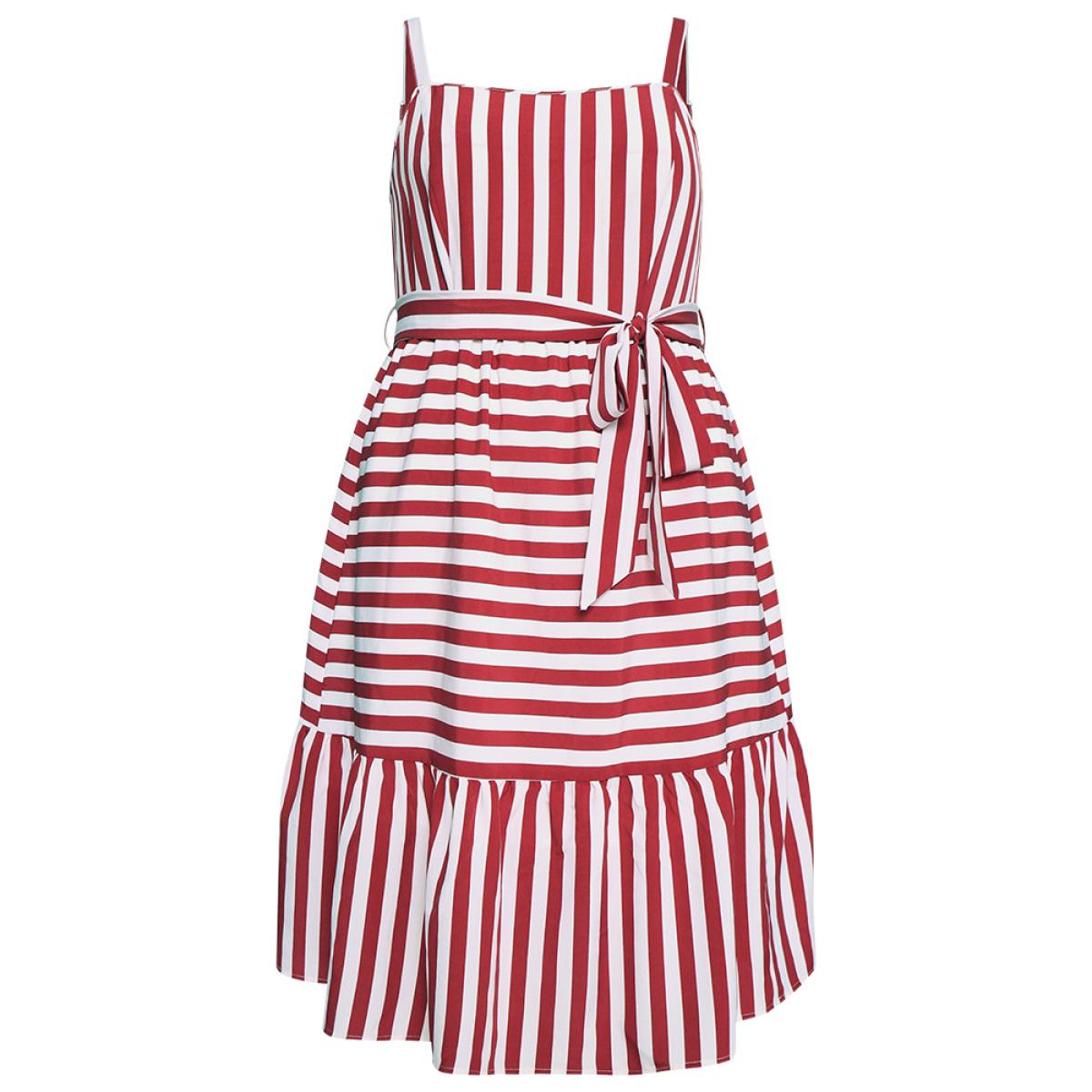 Plus Size Striped Print Belted Ruffle Layered Hem Cami Dress Scarlet Women Office Adjustable Straps Spaghetti Strap Sleeveless Curvy Midi Dress BloomChic 14-16/1X Product Image