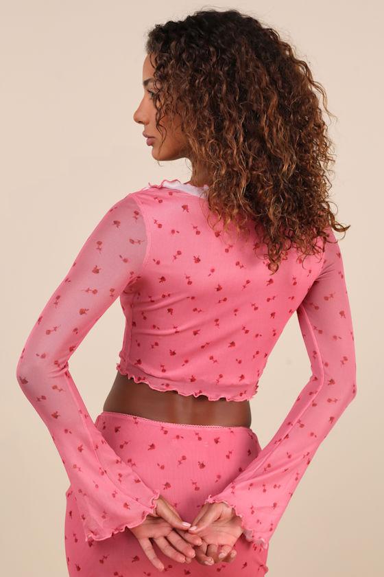 Cutest Appeal Pink Floral Mesh Bow Ruffled Long Sleeve Crop Top Product Image