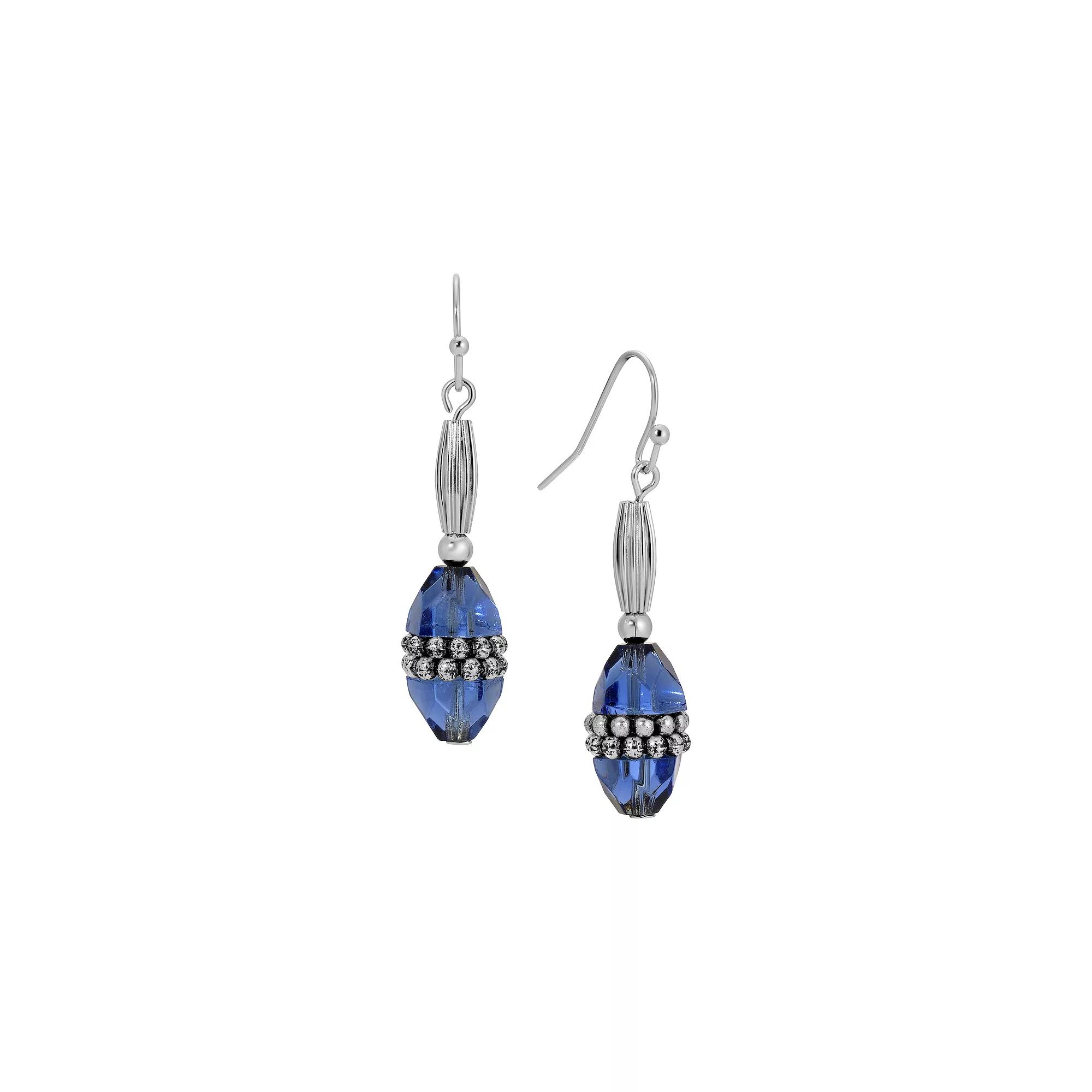 1928 Silver Tone Blue Bead Drop Wire Earrings, Women's Product Image