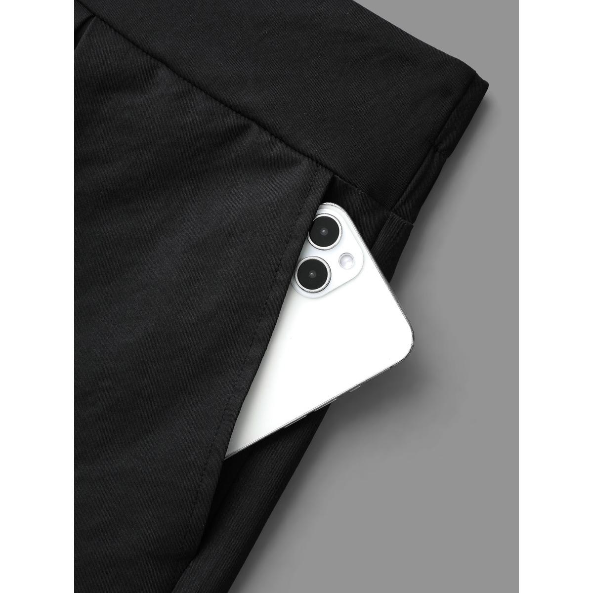 Plus Size Elastic Waist Fastener Pleated Skirt Women Black Elegant Button Low stretch Slanted pocket Everyday Skirts BloomChic 14-16/1X Product Image