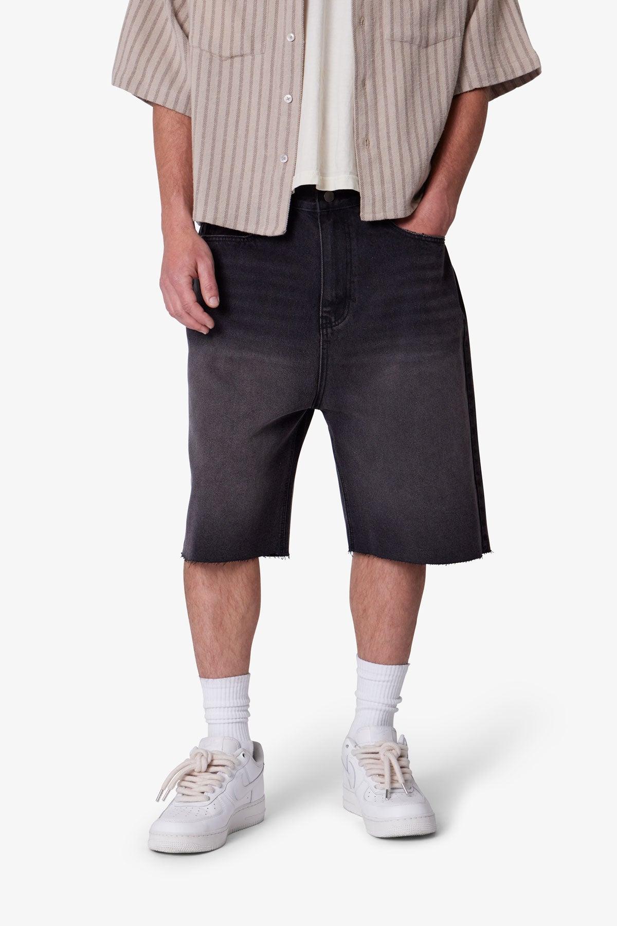 Baggy Cut Off Denim Shorts - Washed Black Product Image