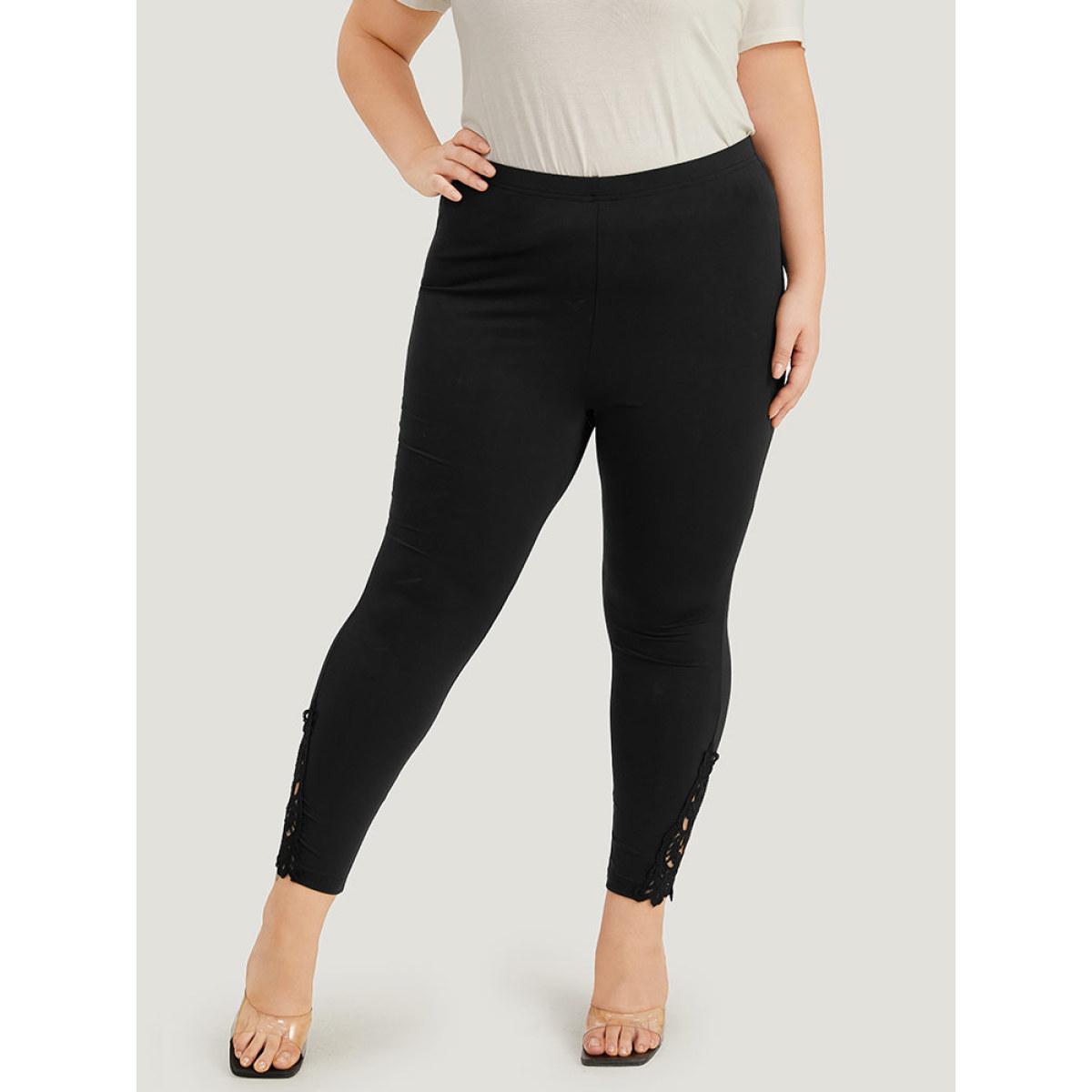 Plus Size Plain Lace Panel Skinny Elastic Waist Leggings Women Black Elegant High stretch Skinny High Rise Dailywear Leggings BloomChic 26/4X Product Image
