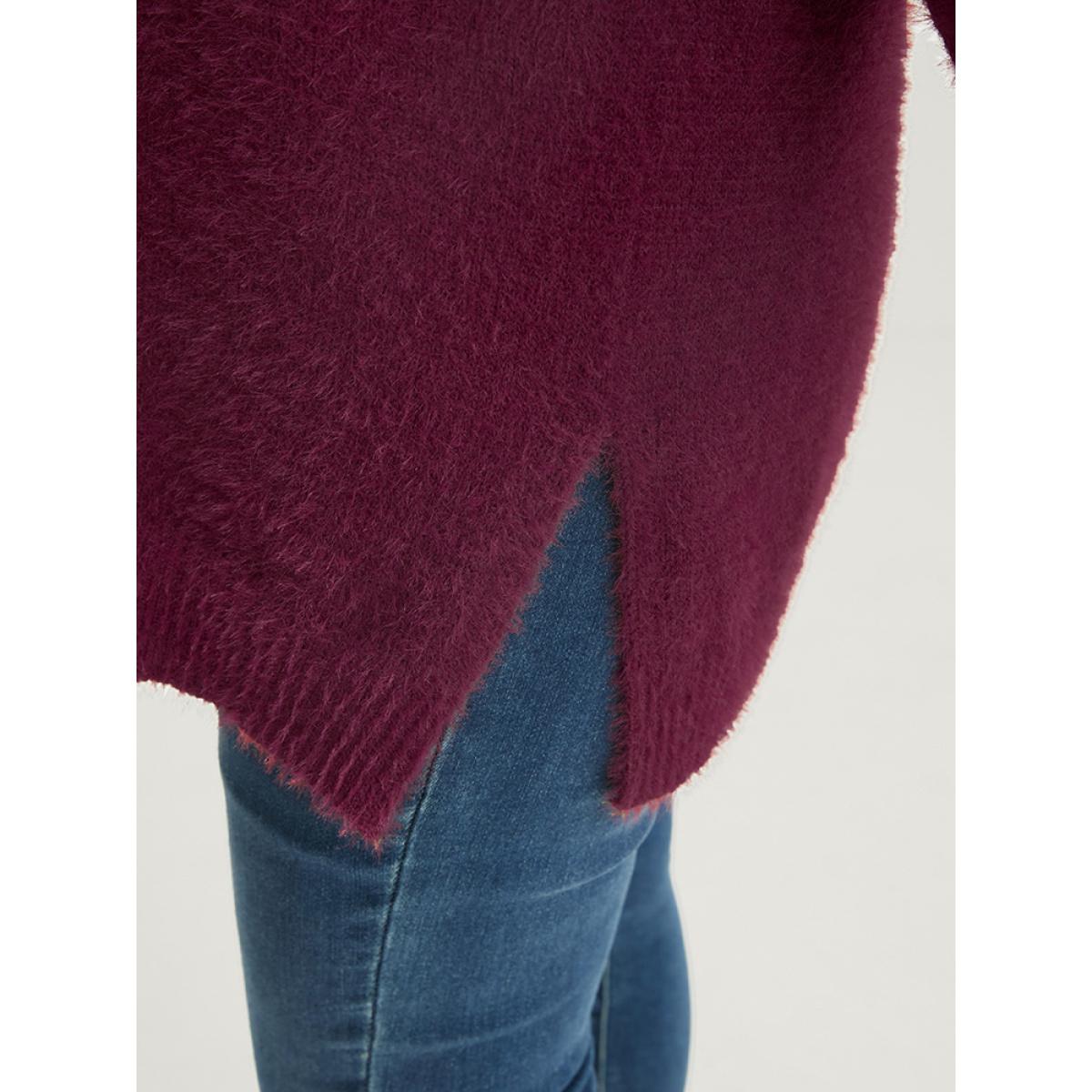 Plus Size Solid Super Soft Plush Knit Split Hem Heather Knit Top Eggplant Women Elegant Loose Long Sleeve Deep V-neck Dailywear Pullovers BloomChic 12/L Product Image