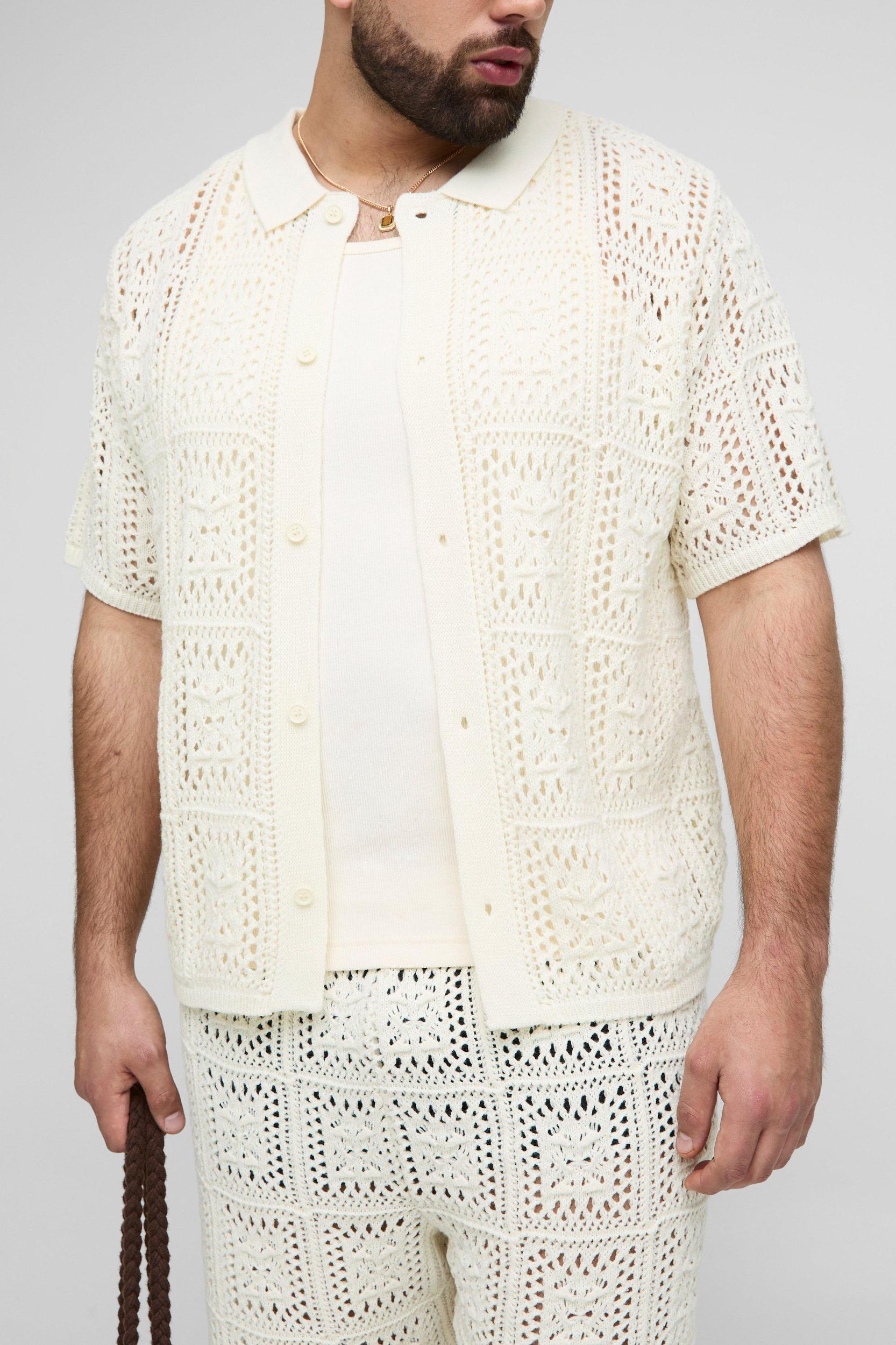 Plus Oversized Crochet Shirt & Short Set | boohooMAN USA Product Image