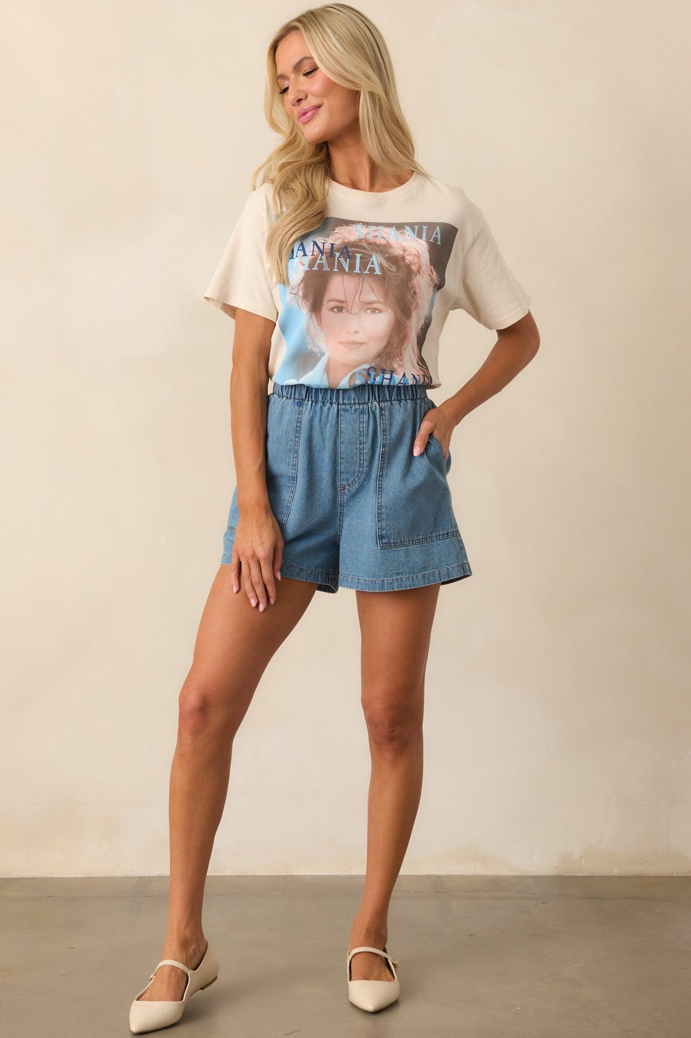 Off We Go Medium Wash Elastic Waist Cotton Denim Shorts Product Image