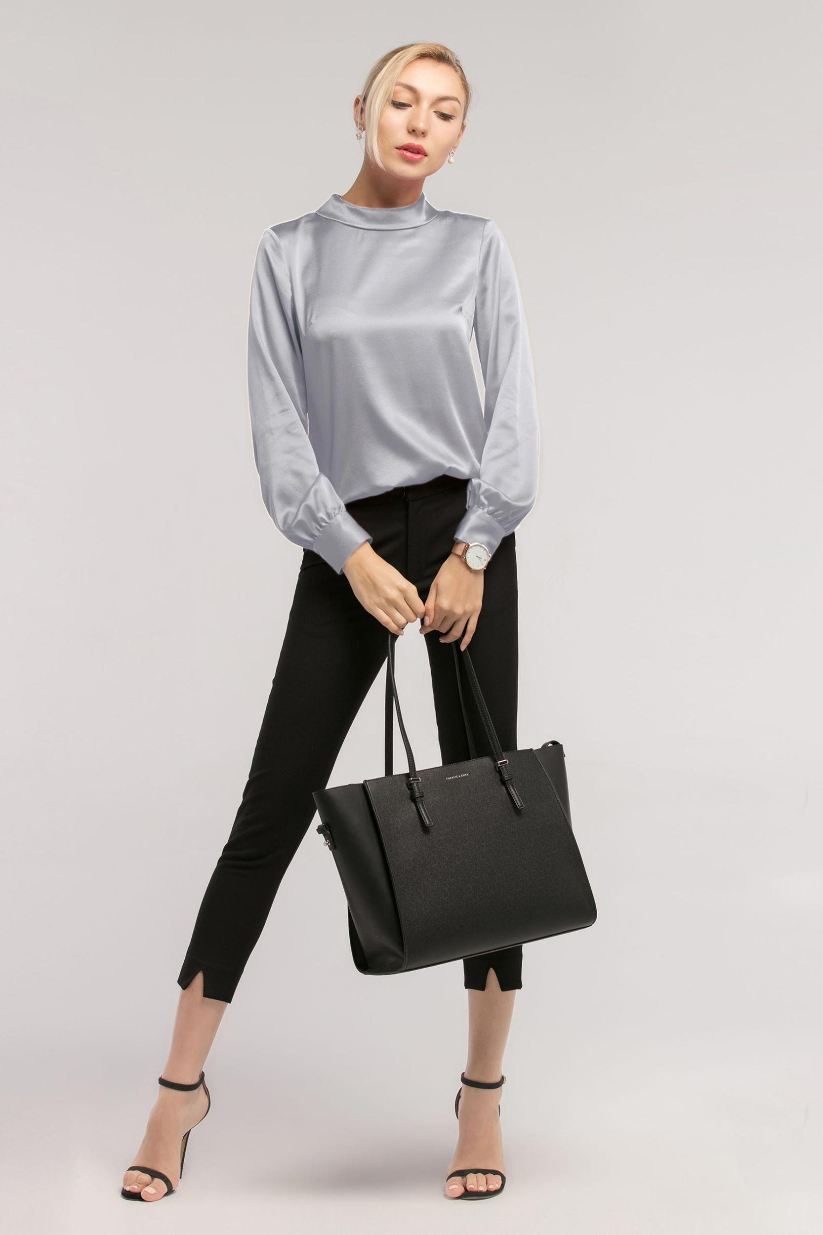 Stand Collar Long Sleeves  Silk Blouse Product Image