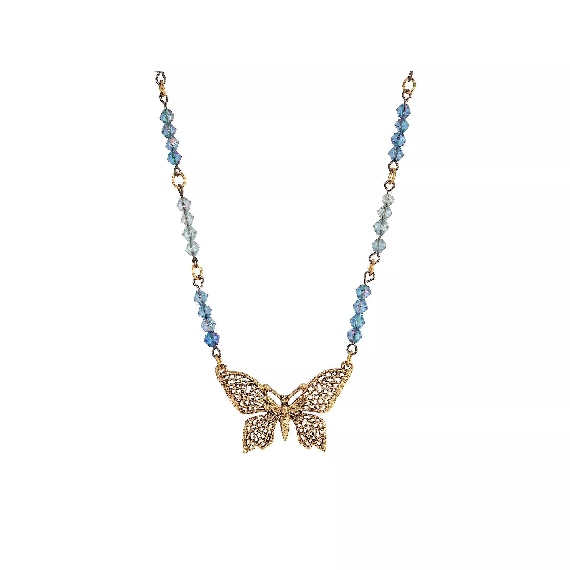 1928 Gold Tone Blue Butterfly Necklace, Womens Product Image