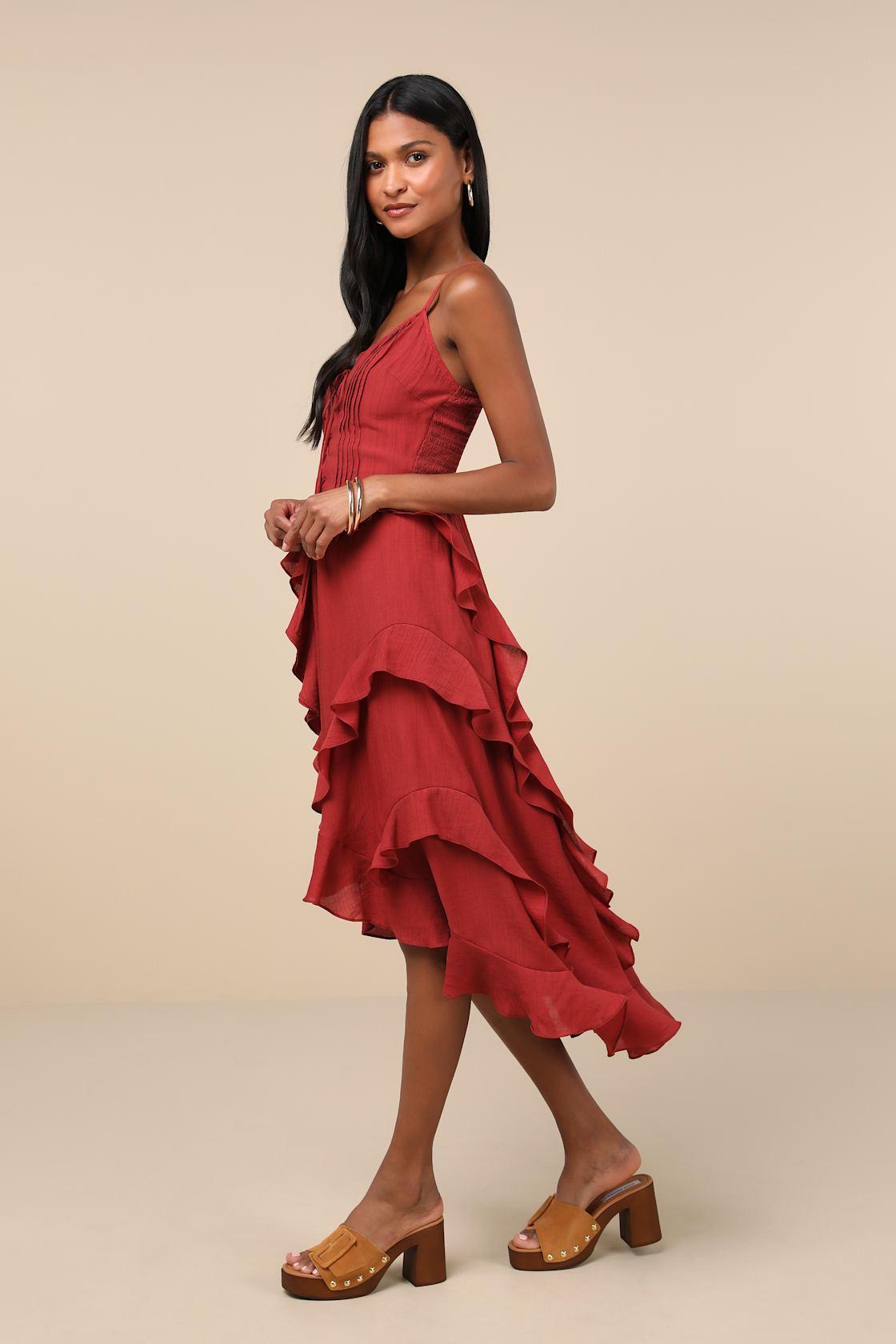 Playful Style Brick Red Lace-Up Ruffled High-Low Midi Dress Product Image