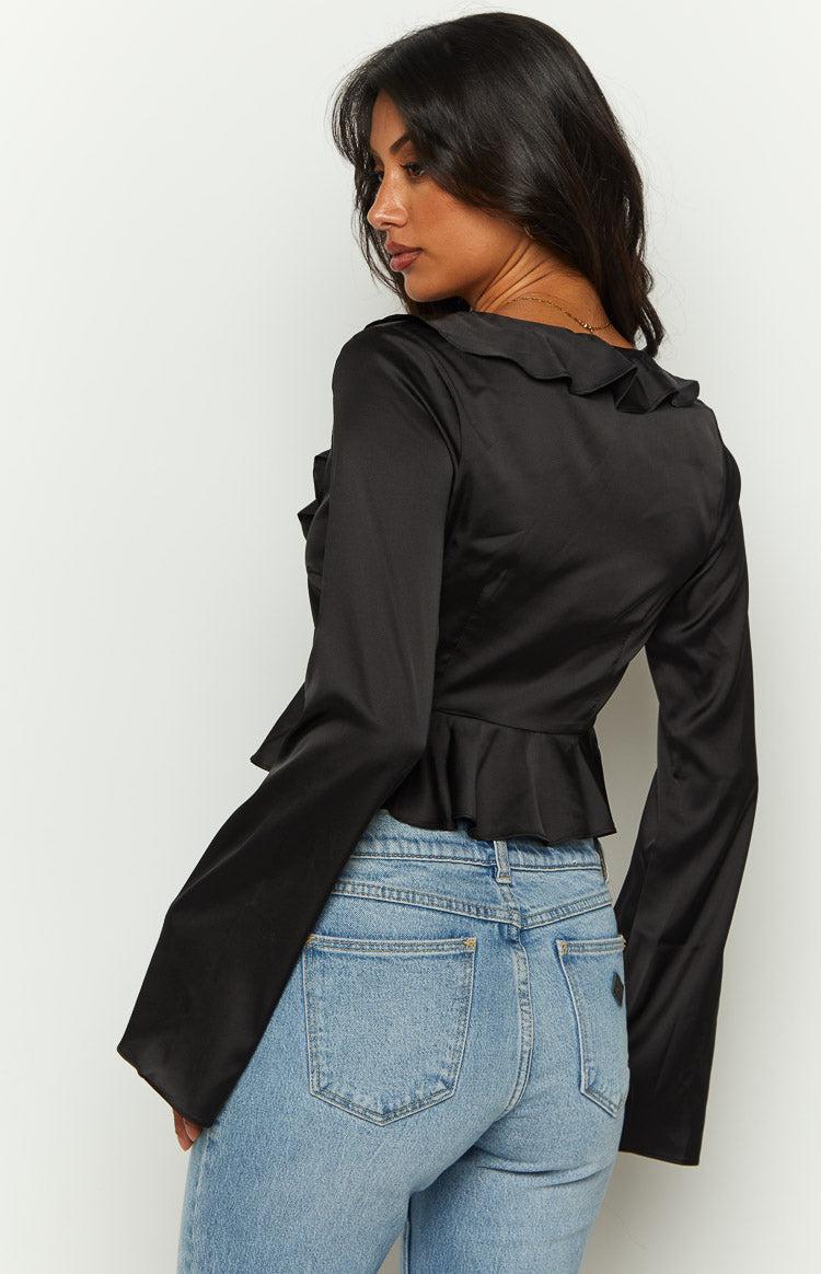 Kazan Black Satin Long Sleeve Frill Top Product Image
