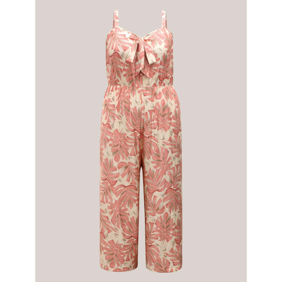 Plus Size Watermelon Tropical Leaf Print Bow-Tie Cami Jumpsuit Women Sleeveless V-neck Vacation Loose Jumpsuits BloomChic 10/M Product Image