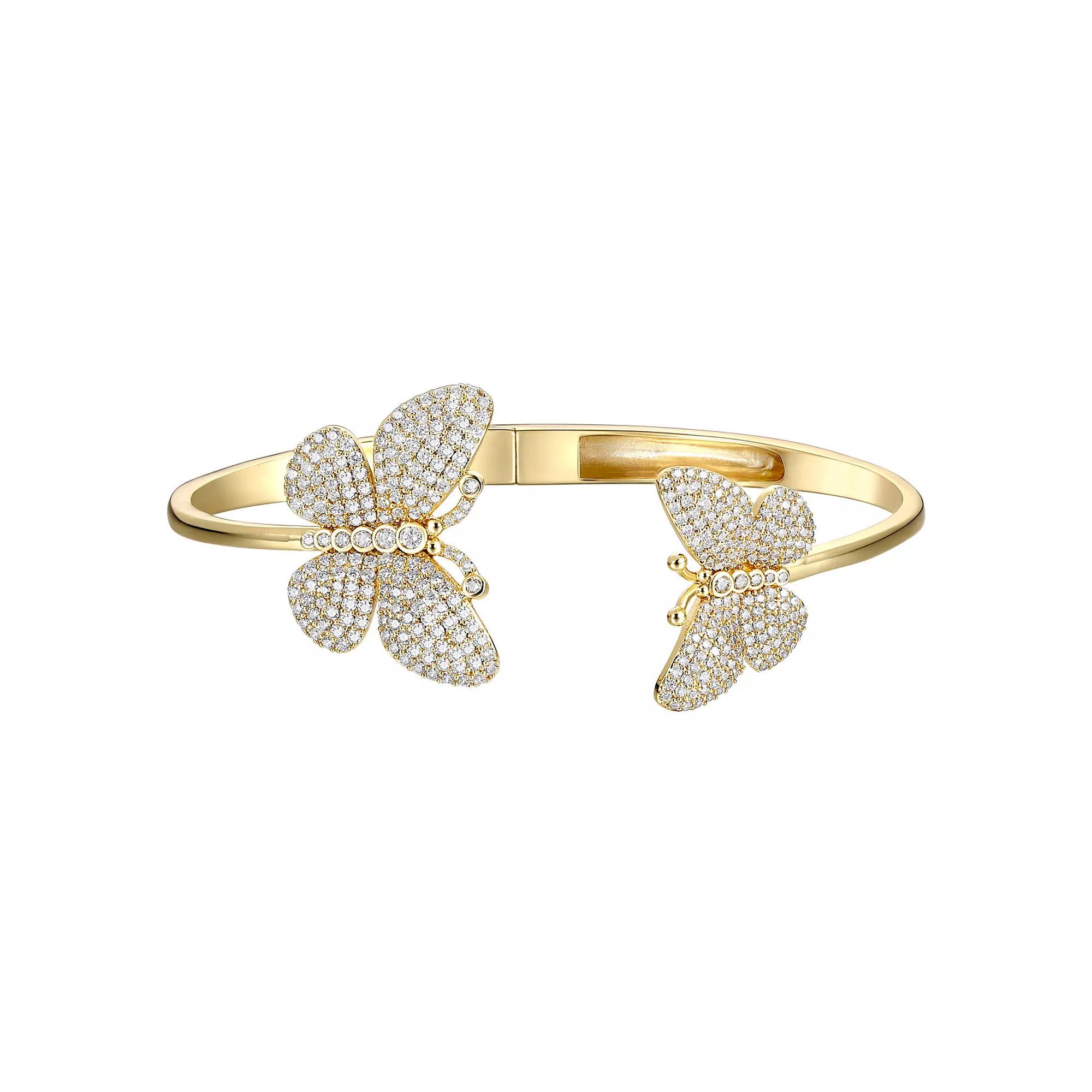 14k Gold over Sterling Silver Cubic Zirconia French Pave Butterfly Open Cuff Bangle Bracelet, Womens Gold Tone Product Image