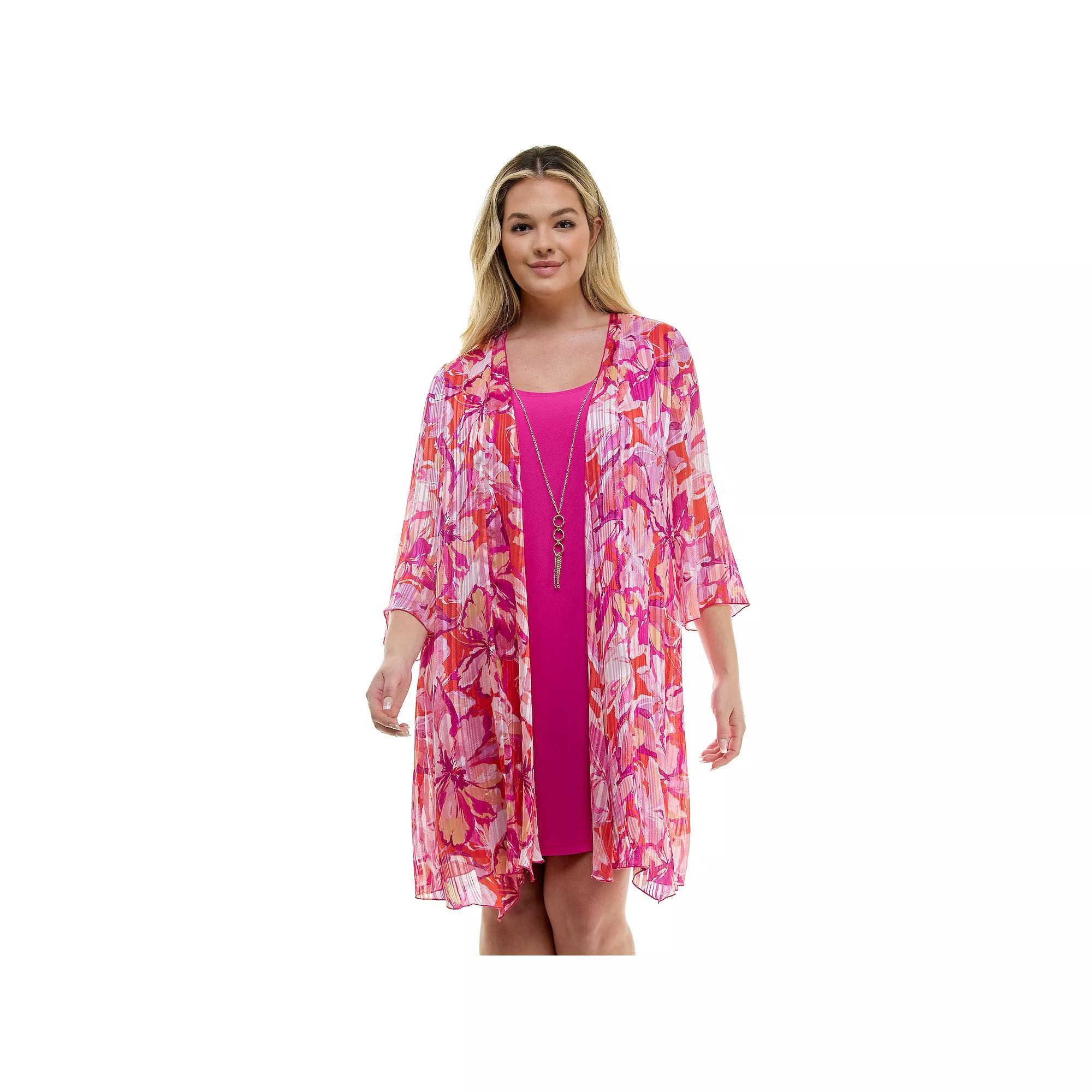 Plus Size Luxology 2-Piece 3/4 Bell Sleeve Cardigan & Drop Collar Dress Set, Women's, Size: 1XL, Pink Fuschia White Product Image