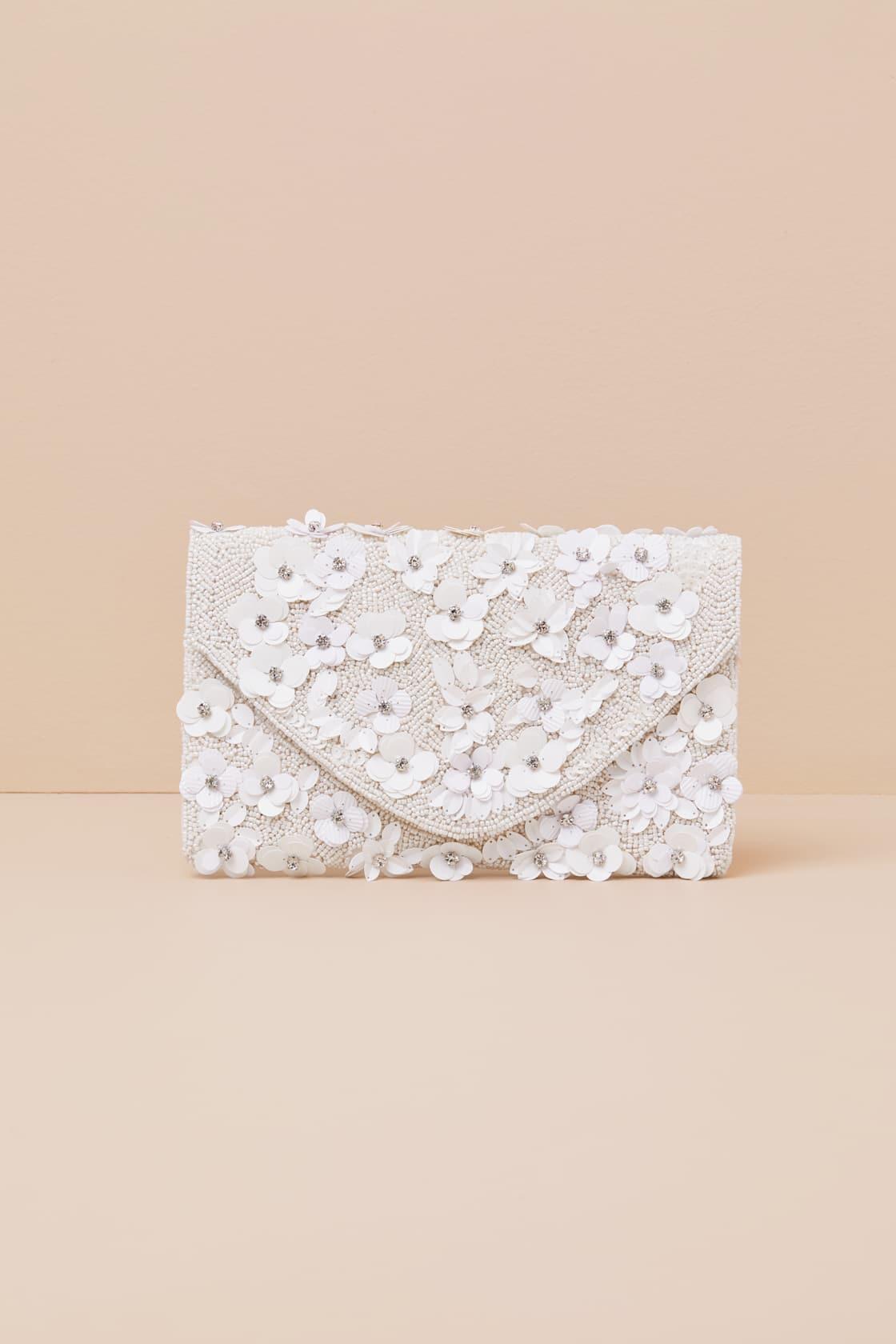 Vinka White Beaded Floral Sequin Rhinestone Clutch Product Image