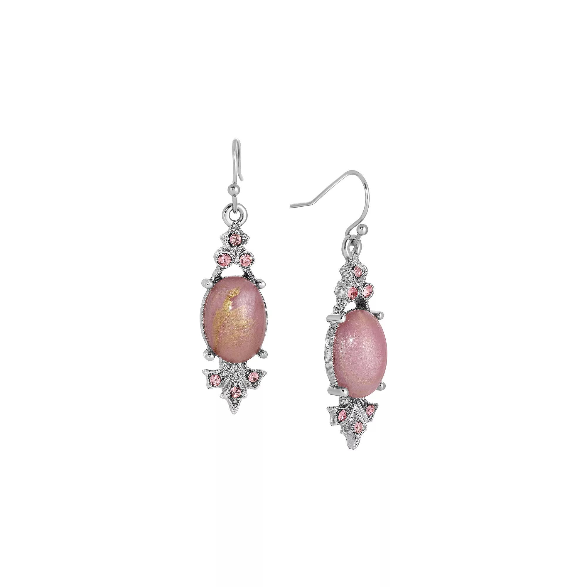 1928 Silver Tone Pink Oval Stone & Crystal Drop Earrings, Women's Product Image