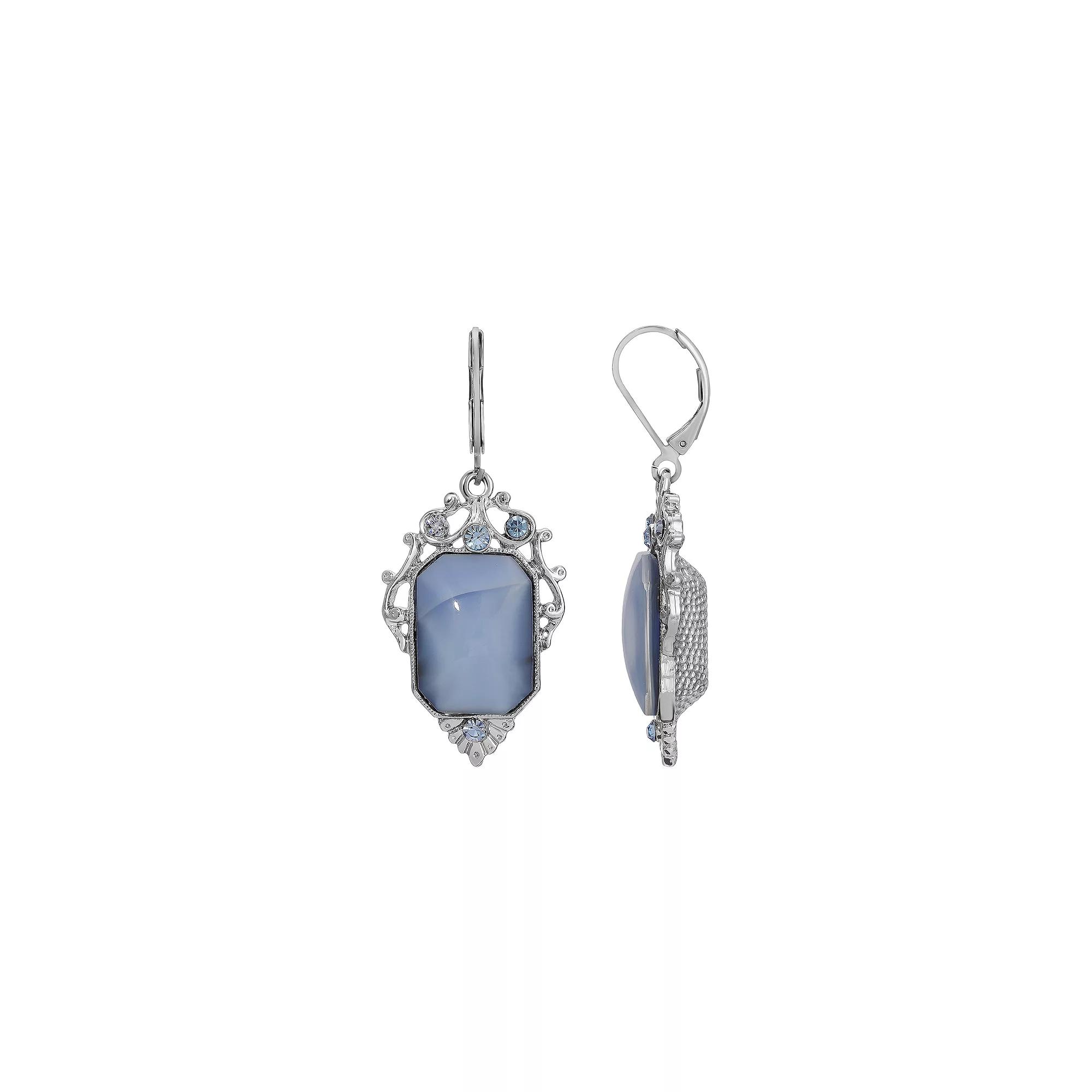 1928 Silver Tone Blue Crystal Rectangular Drop Earrings, Women's Product Image