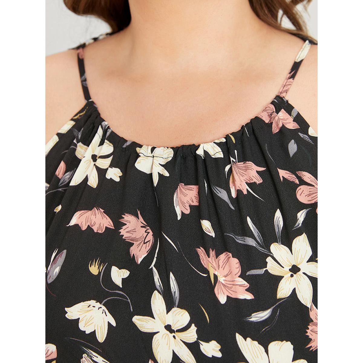 Plus Size Floral Print Halter Shirred Pocket Ruffle Hem Dress BlackFlower Women Elegant Knotted Cold Shoulder Sleeveless Curvy Knee Dress BloomChic 10/M Product Image