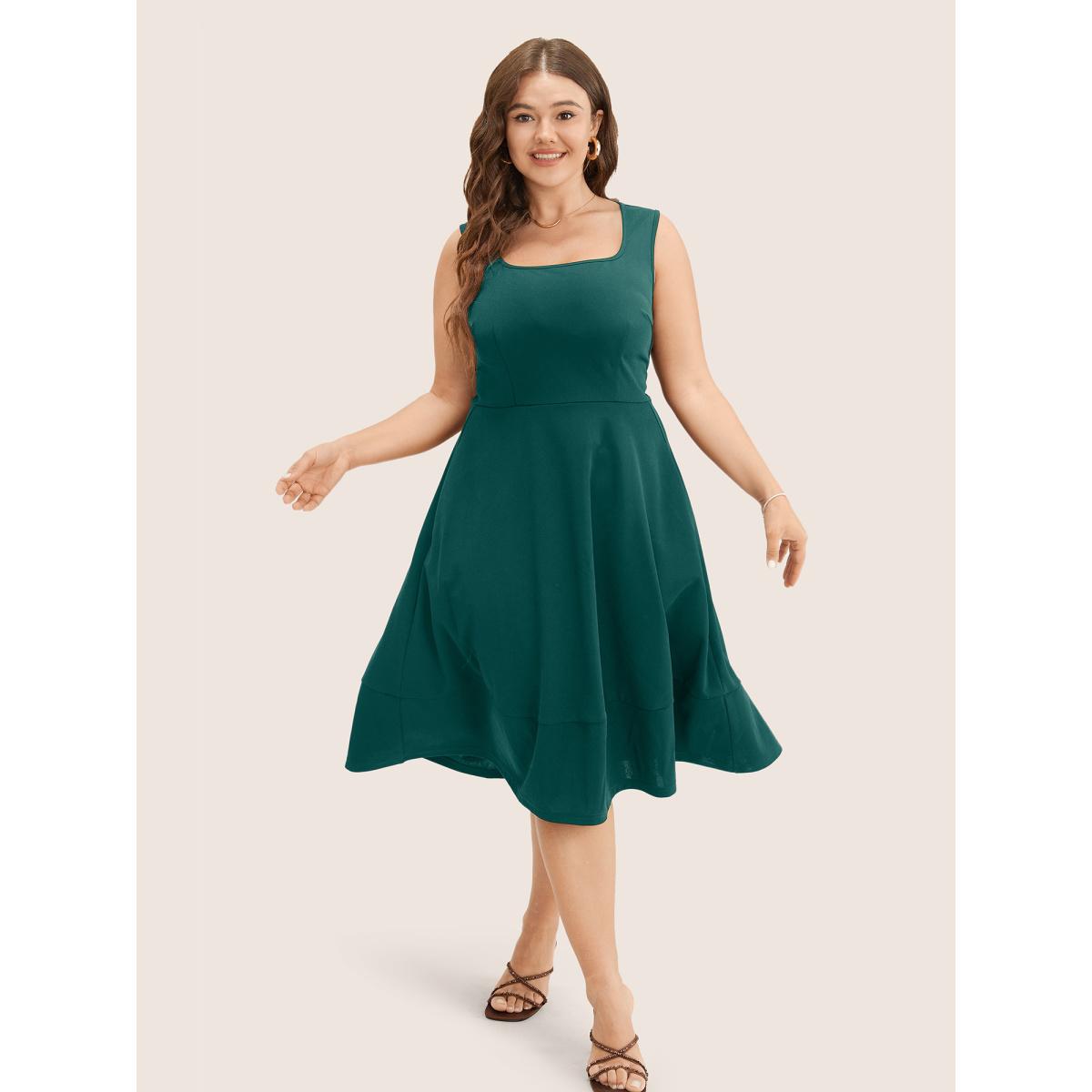 Plus Size Solid Pocket Sleeveless Ruffle Hem Tank Dress Cyan Women Workwear Essentials Non Round Neck Sleeveless Curvy Midi Dress BloomChic 14-16/1X Product Image
