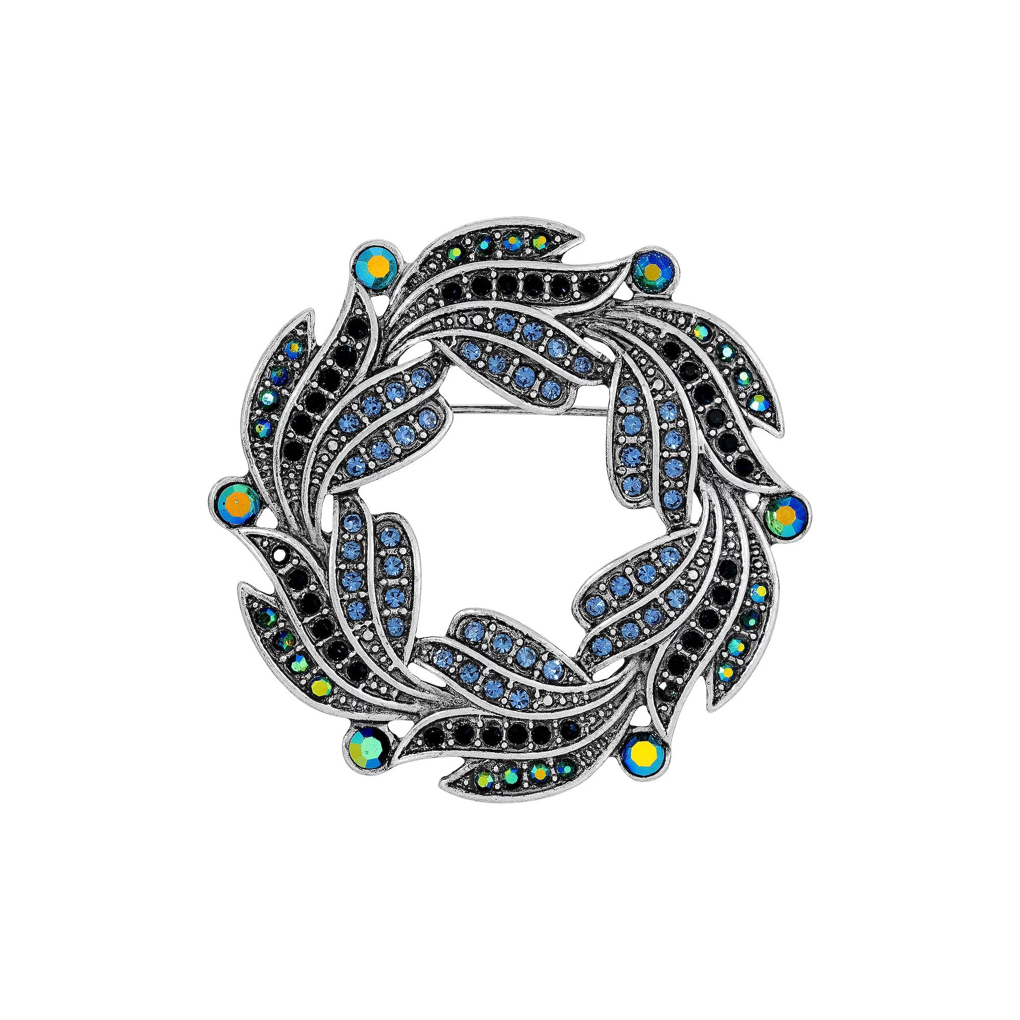 1928 Silver Tone Blue & Aurora Borealis Crystal Oxidized Wreath Brooch, Womens Product Image